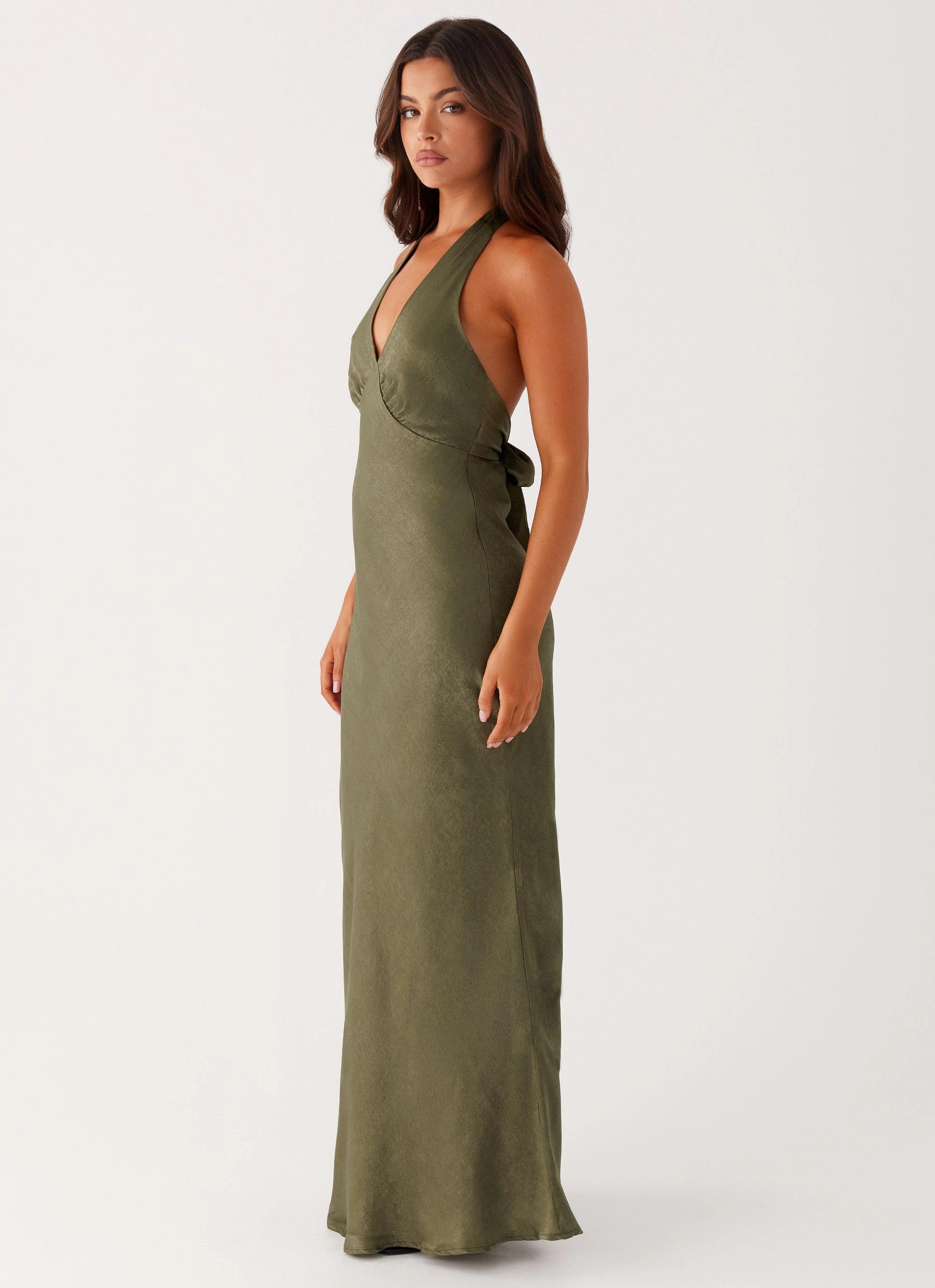 Outerwear Staple Snow Day Heavy Hearted Satin Maxi Dress - Khaki