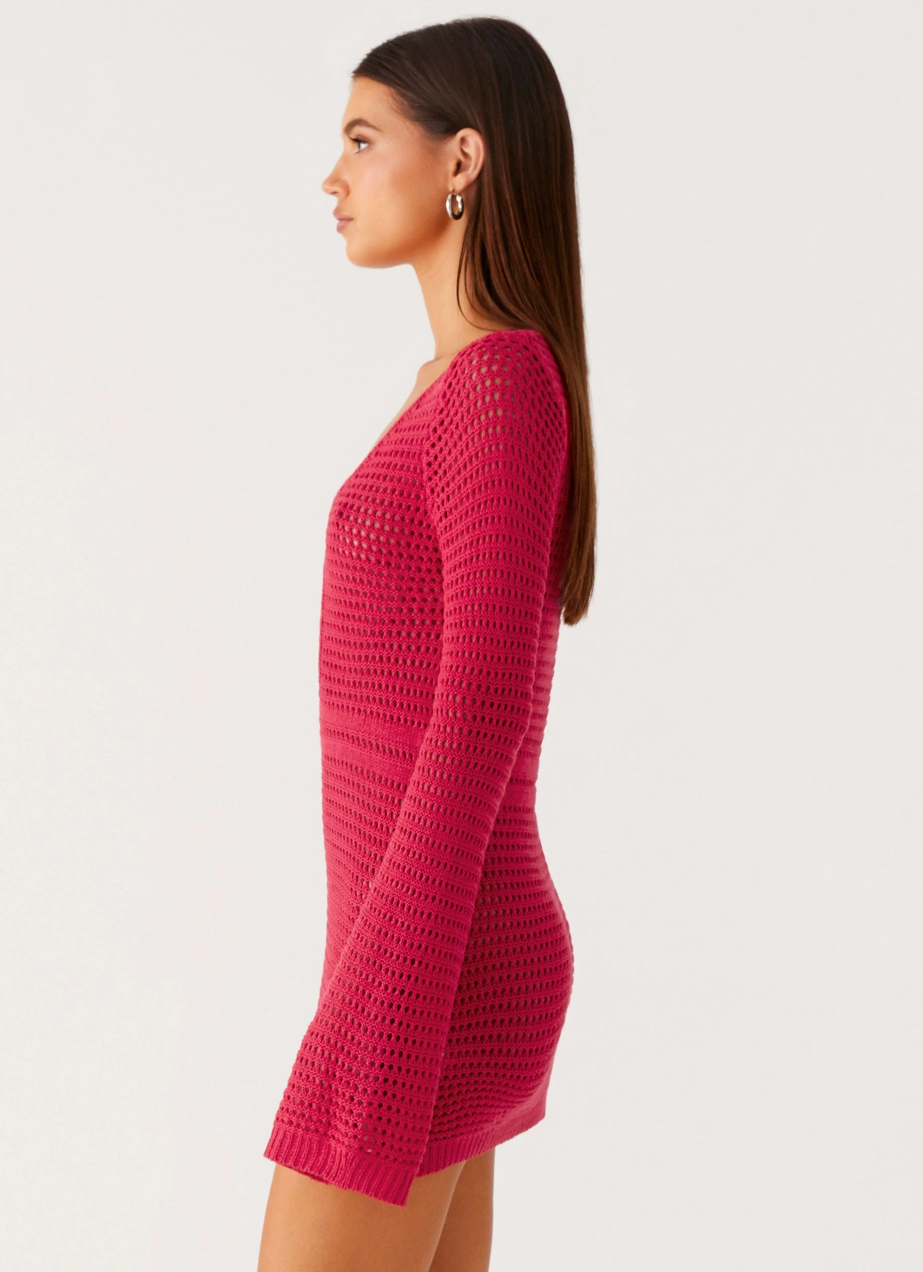 Sunriser Crochet Mini Dress - Pink Houndstooth Print Cool Weather Wear