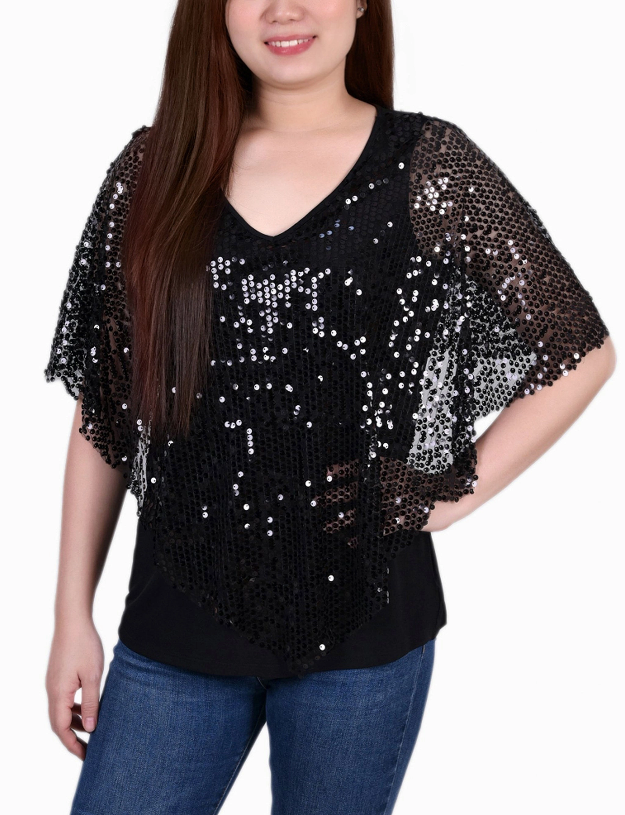 Sequin-Front Poncho Casual dress Distressed Texture