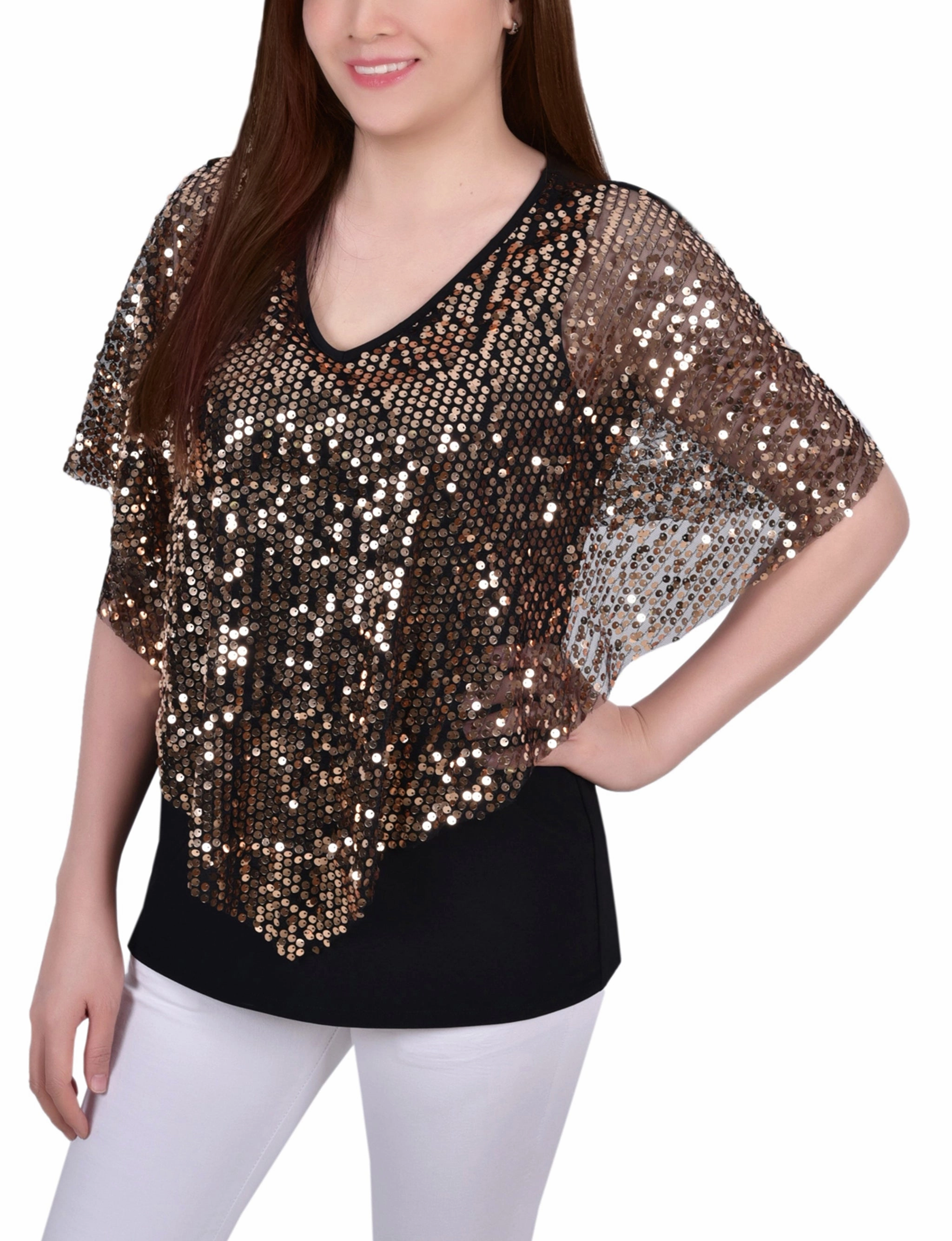 Sequin-Front Poncho Contrast Stitch Detail Warm Hoodie