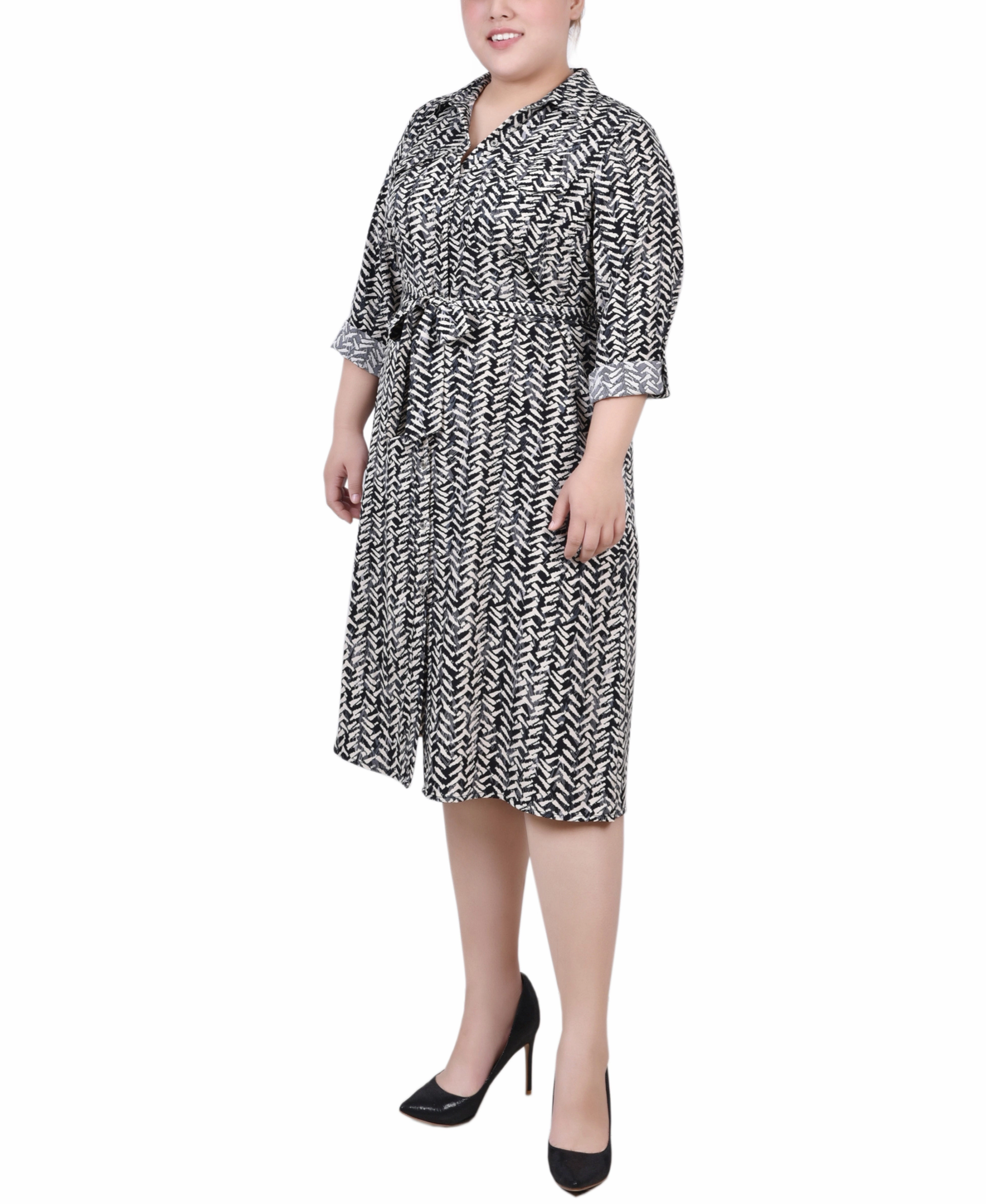 Insulating-Lining Plus Size Long Sleeve Roll Tab Shirtdress