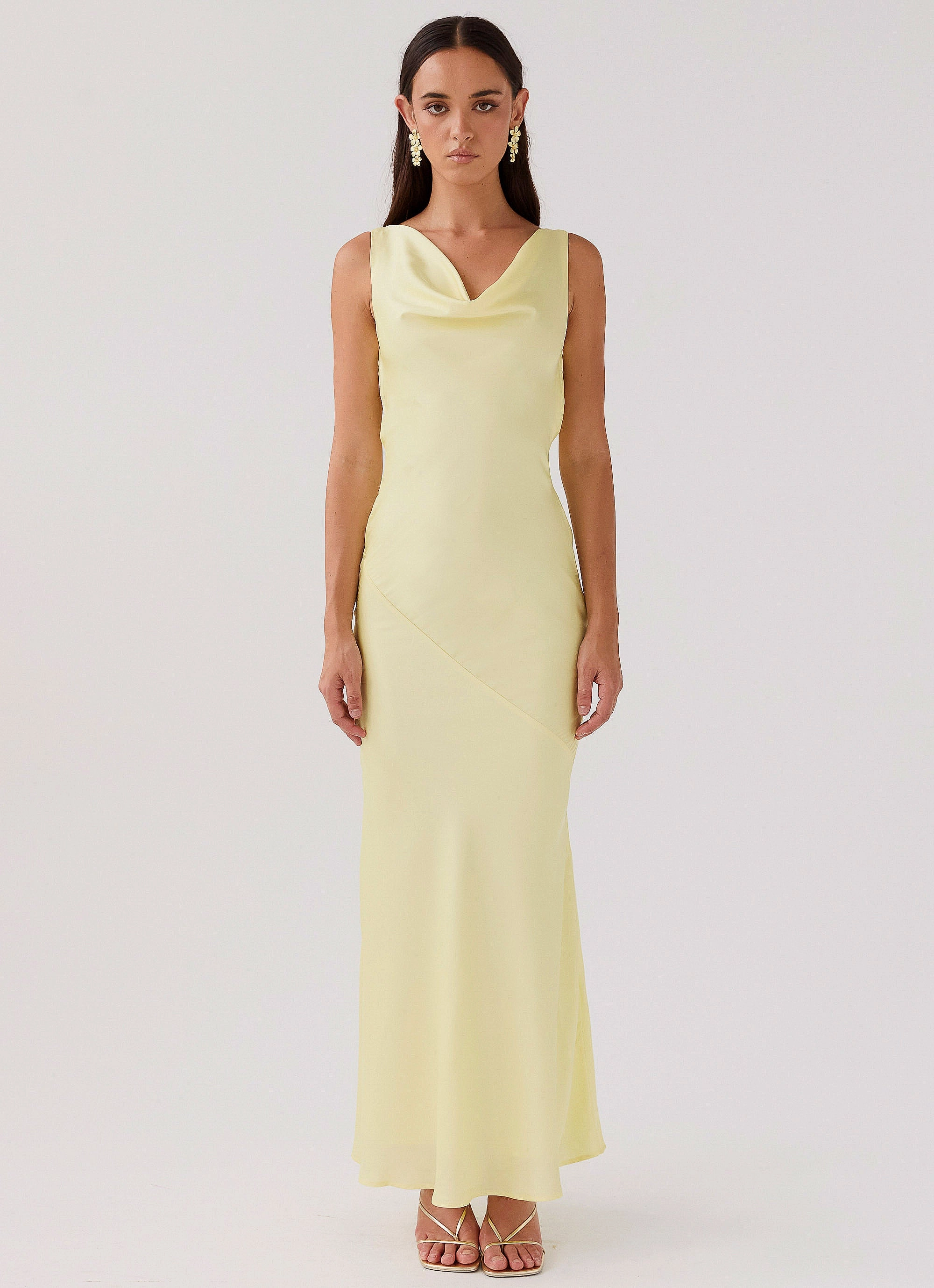 Pastel Shade Plaid Design Be Mine Satin Maxi Dress - Canary