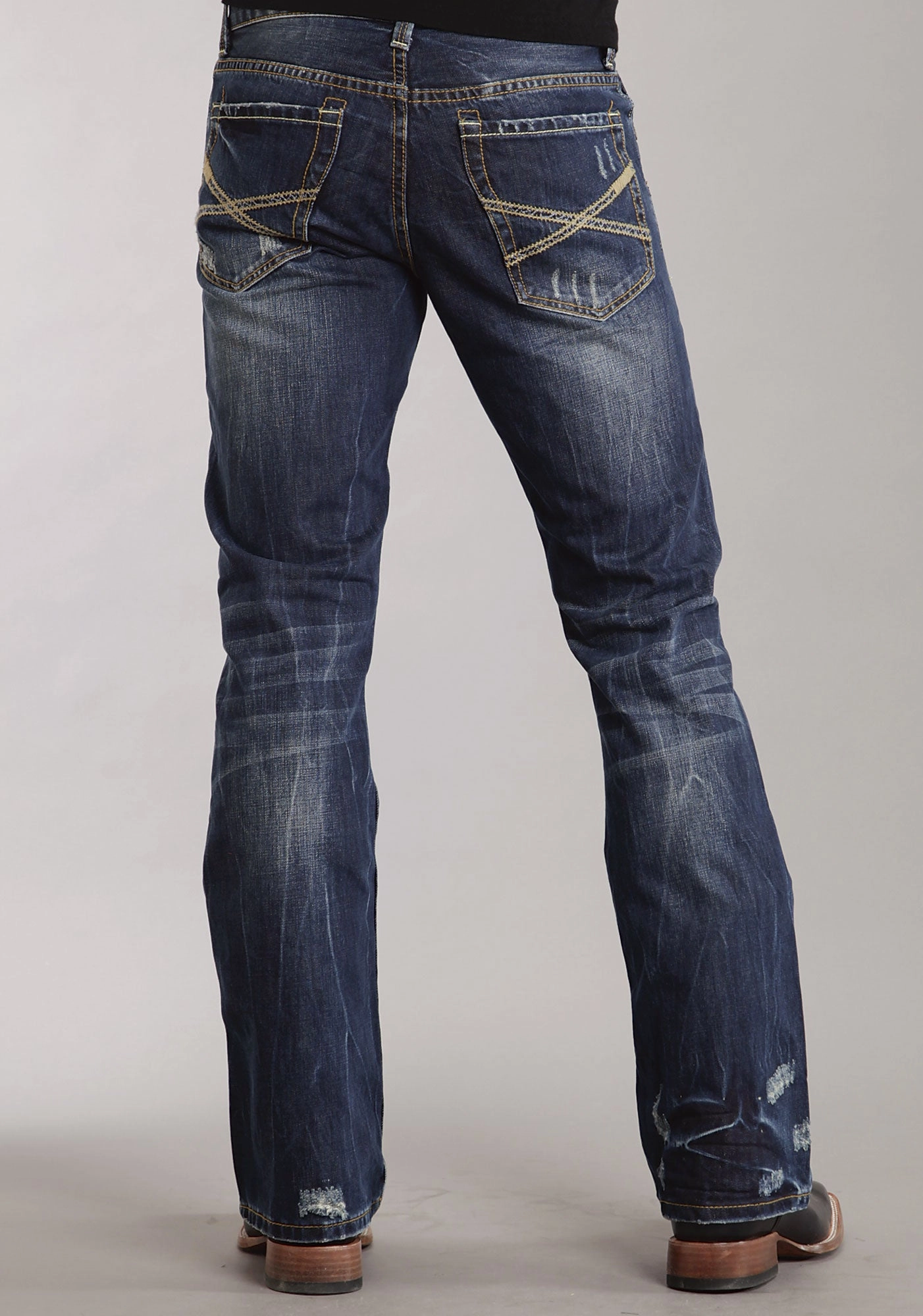 Holiday Vibes High Quality Mens Stetson Blue Cotton Blend Destruction Dark Wash Bootcut Rocks Jeans
