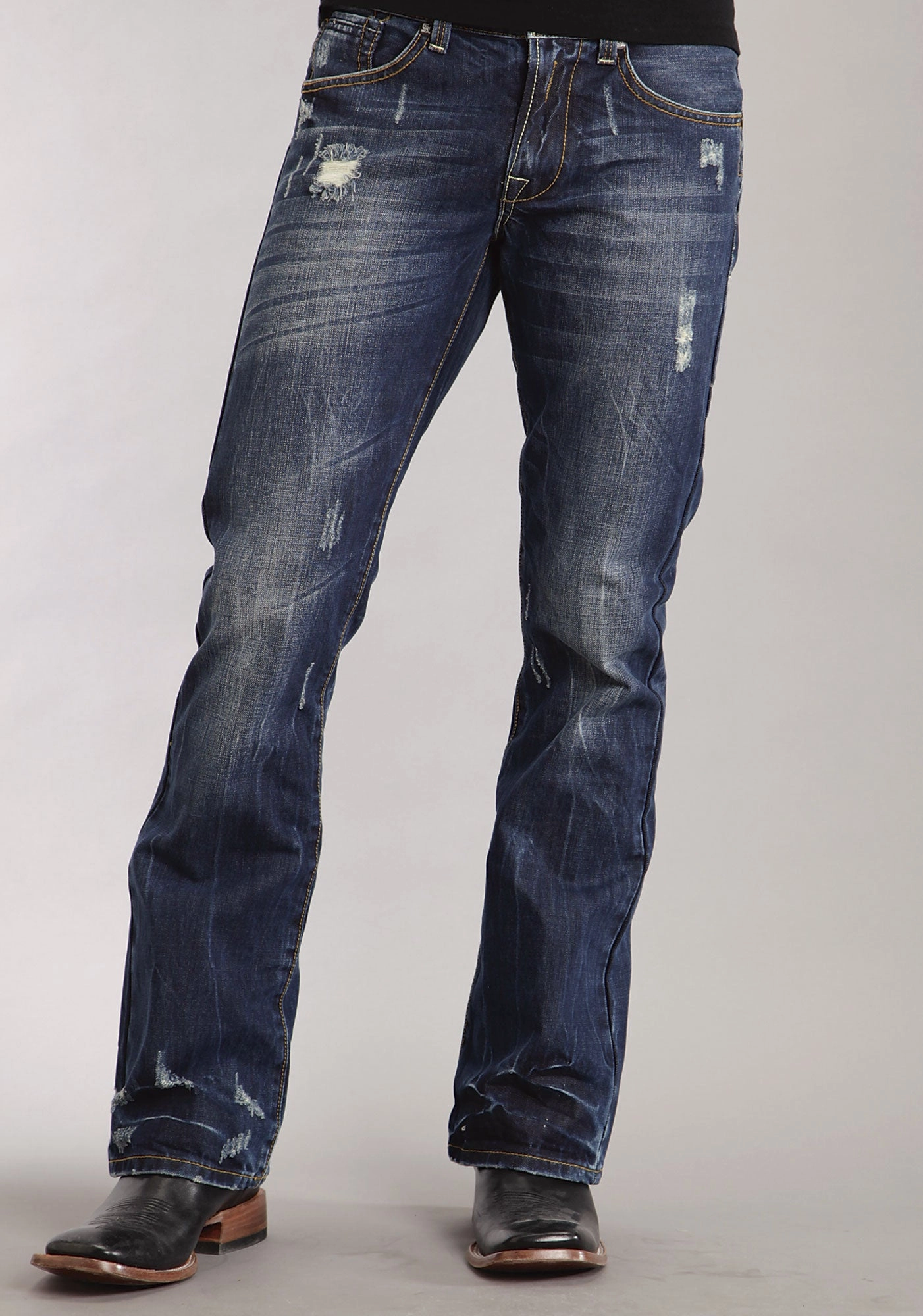 Reinforced Pockets Softened Seams Mens Stetson Blue Cotton Blend Destruction Dark Wash Bootcut Rocks Jeans