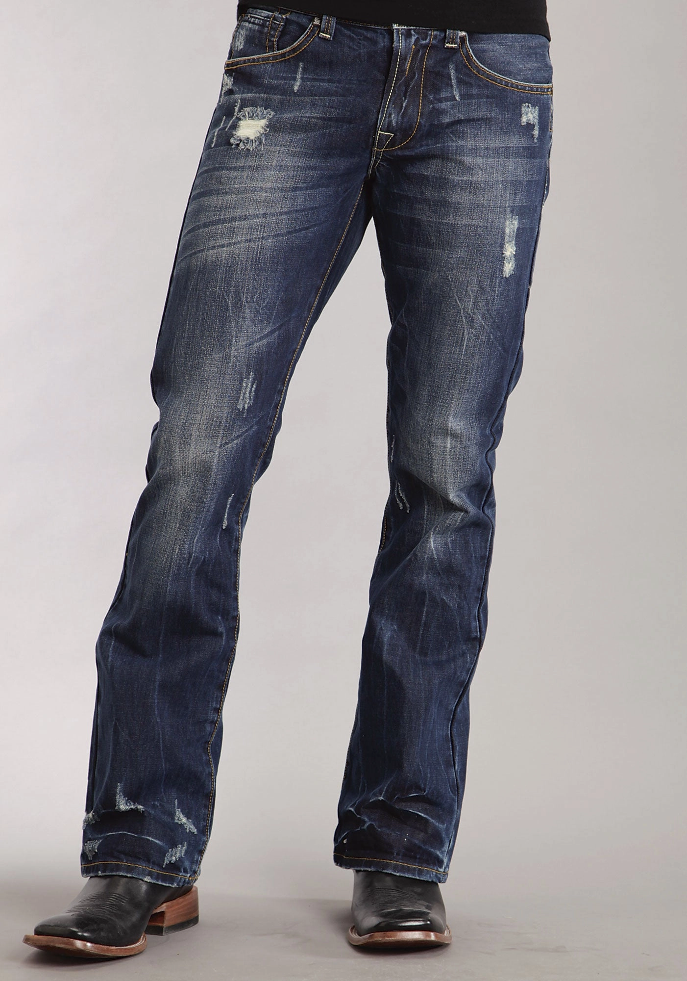 Mens Stetson Blue Cotton Blend Destruction Dark Wash Bootcut Rocks Jeans Quick Drying Fabric High Waist