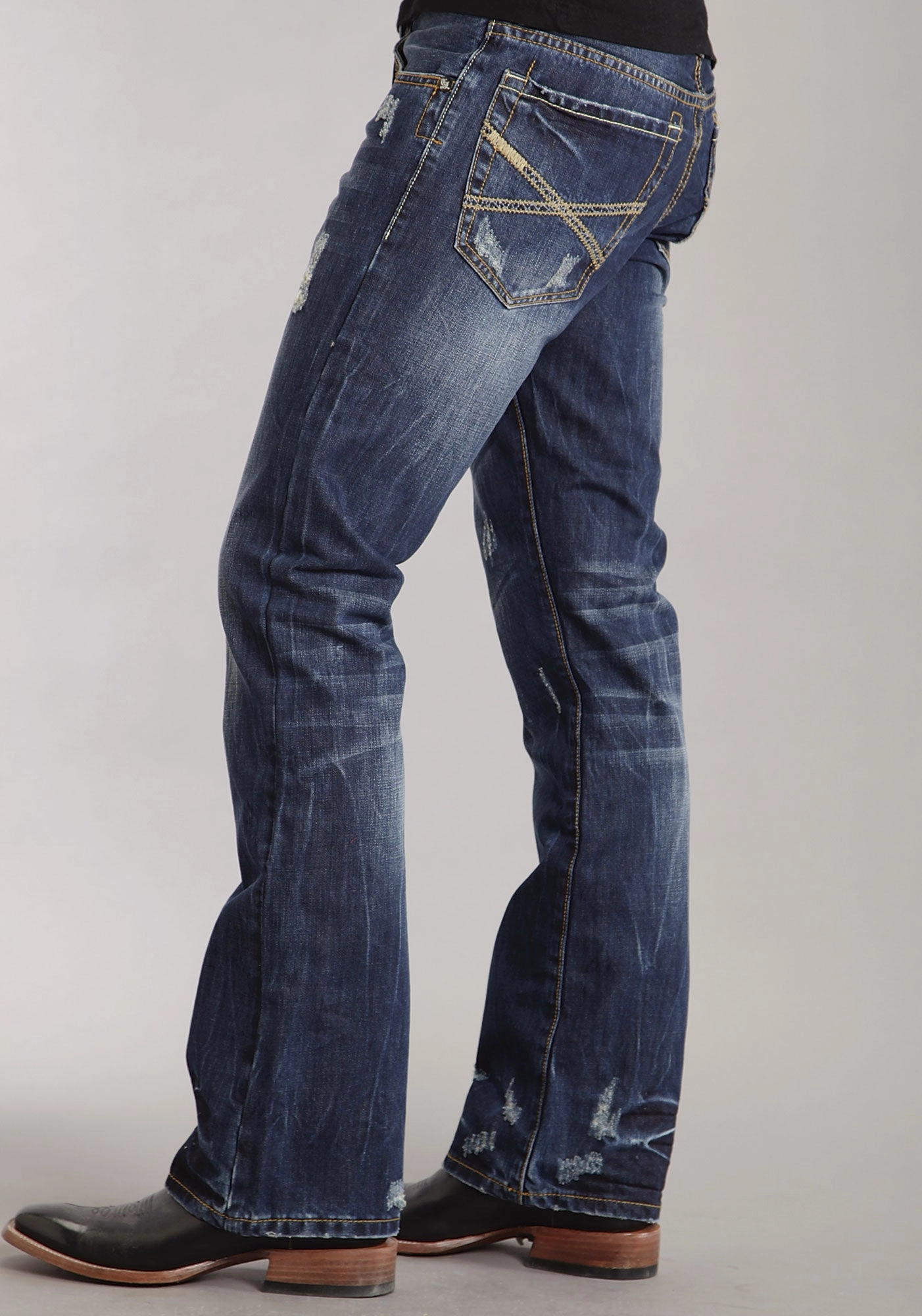Mens Stetson Blue Cotton Blend Destruction Dark Wash Bootcut Rocks Jeans Comfy Option Essential Wardrobe