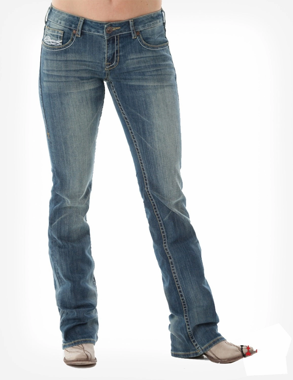 Cowgirl Tuff Womens Medium Wash Cotton Blend Jeans DFMI Bootcut Four Way Stretch Fabric