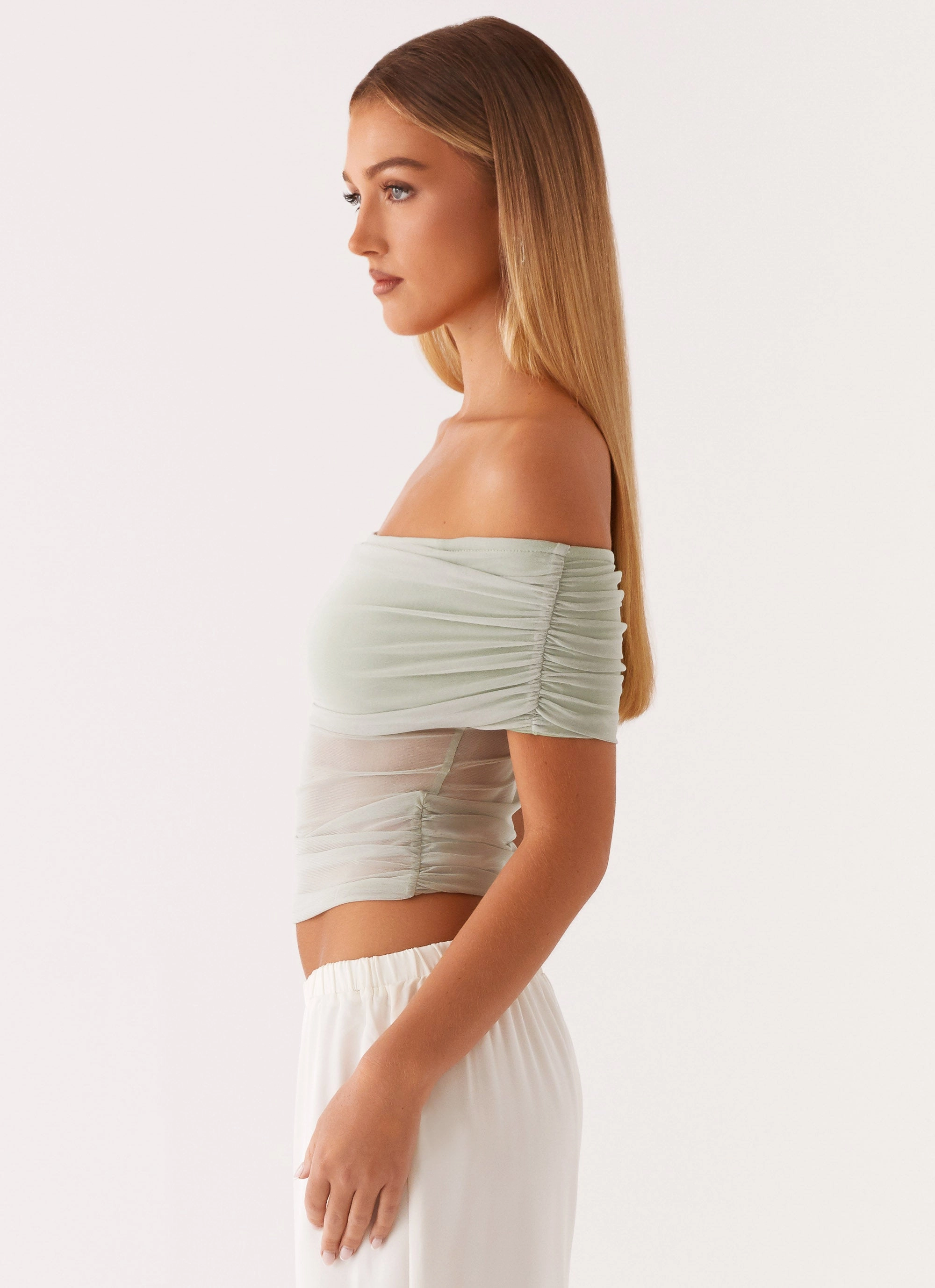 Nelly Off Shoulder Top - Pistachio LayeredStyling Hypoallergenic Lining