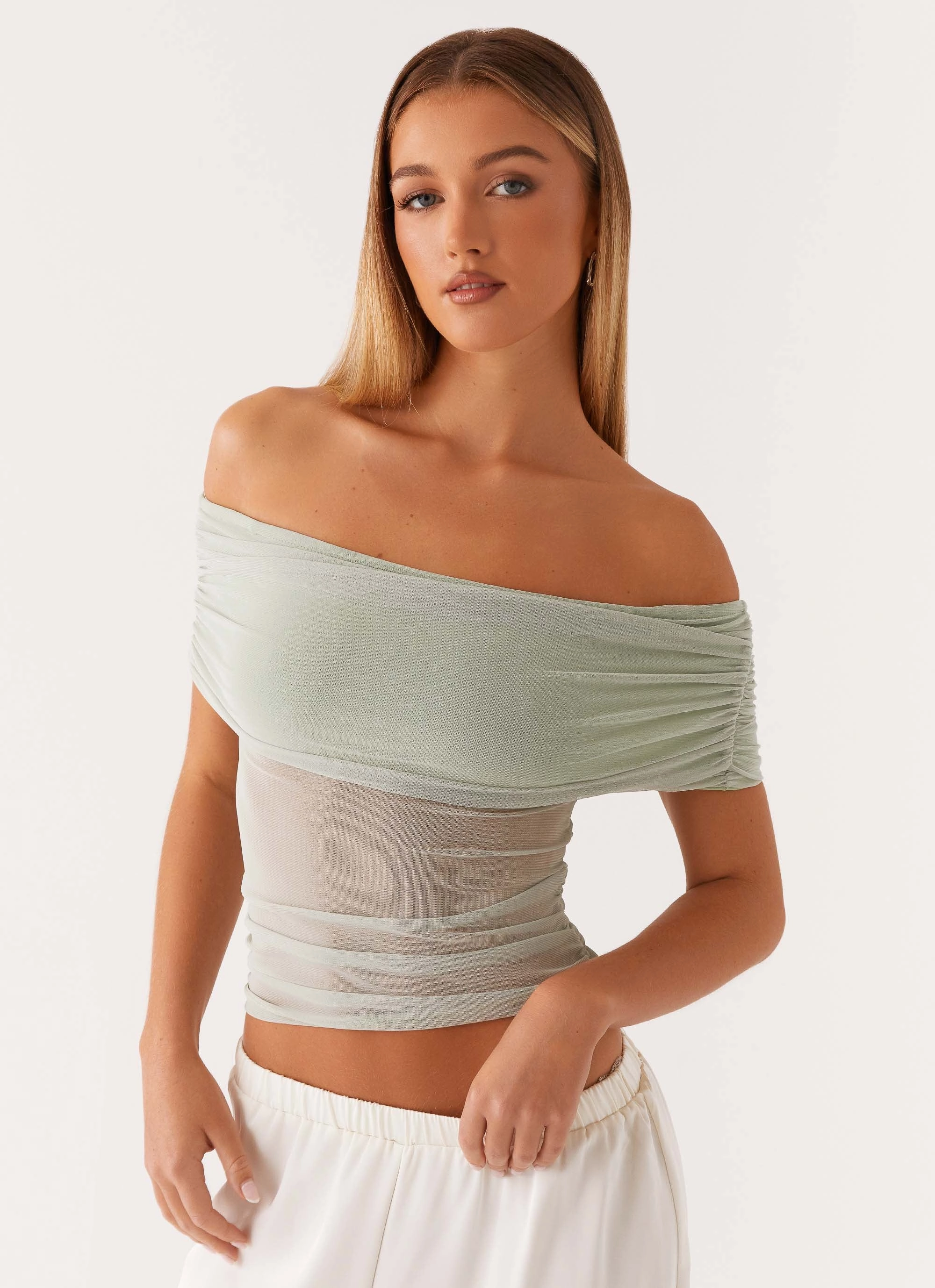 Nelly Off Shoulder Top - Pistachio QuickDry Texture