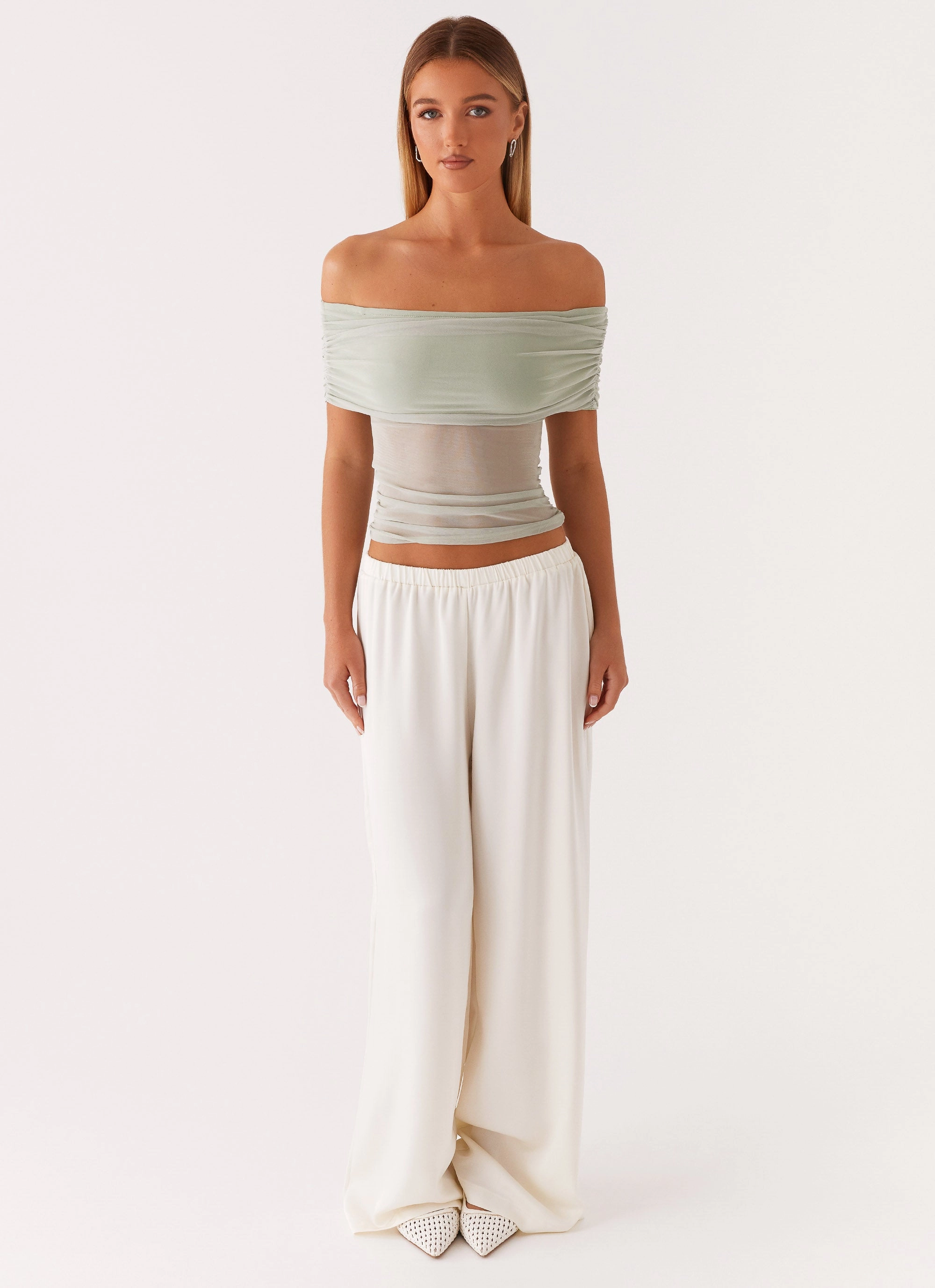 Yarn Dyed Pattern Cloth NonFadeFinish Nelly Off Shoulder Top - Pistachio