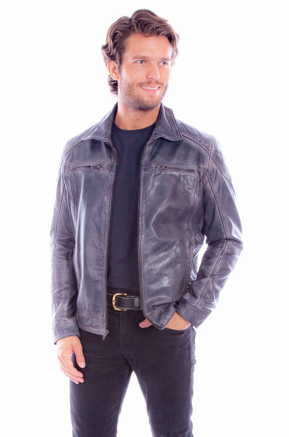 Casual Outdoor Look Scully Mens Zip Front Washed Grey Leather Leather Jacket