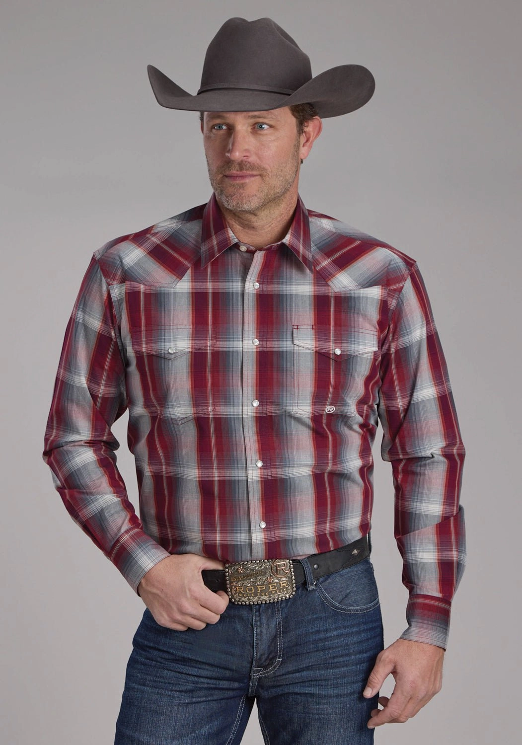 decorative element Gym Companion Roper Mens 2248 Plaid Wine/Smoke 100% Cotton L/S Shirt