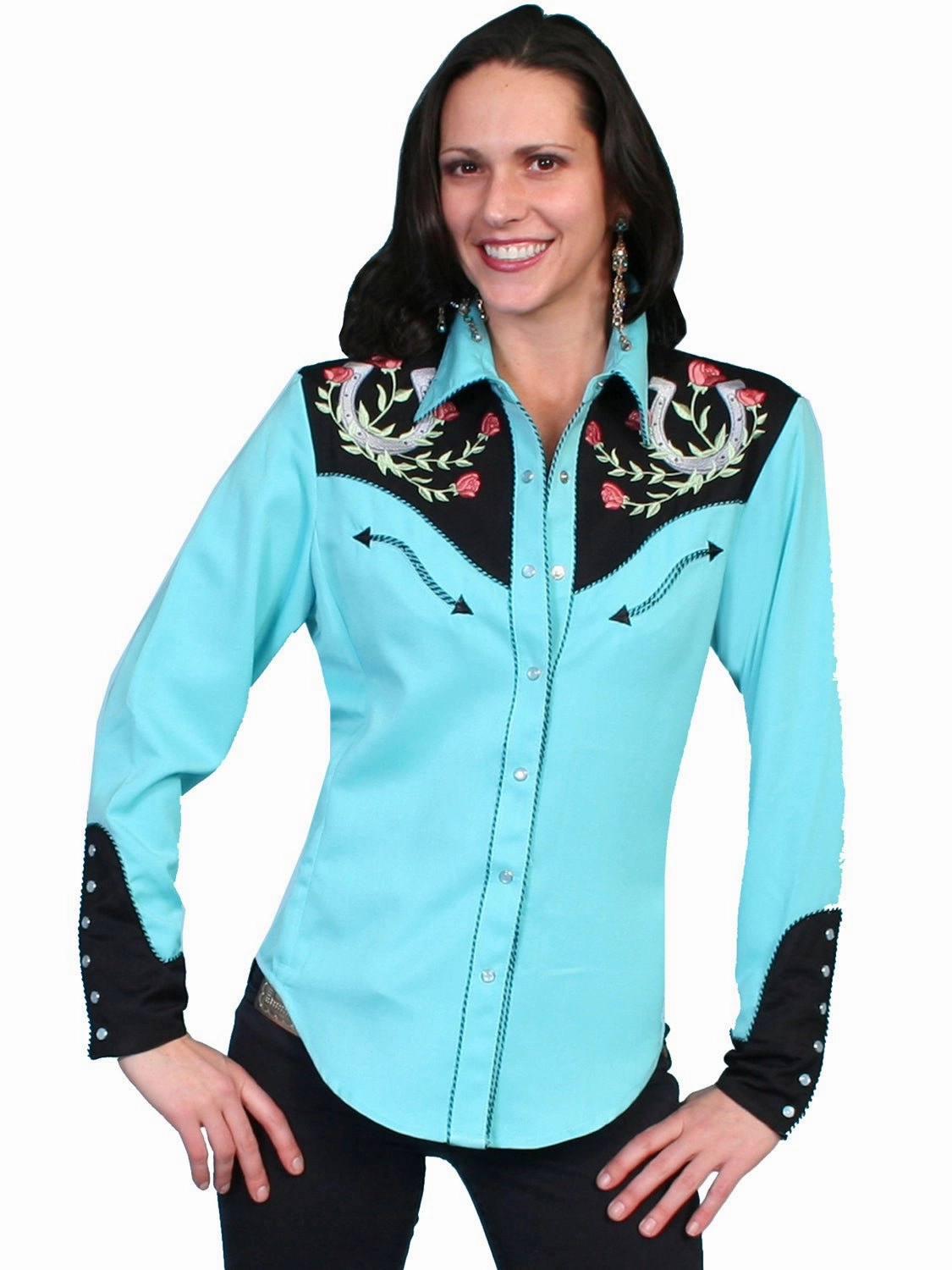 Scully Western Womens Turquoise Polyester L/S Horseshoe Western Shirt Unisex Option