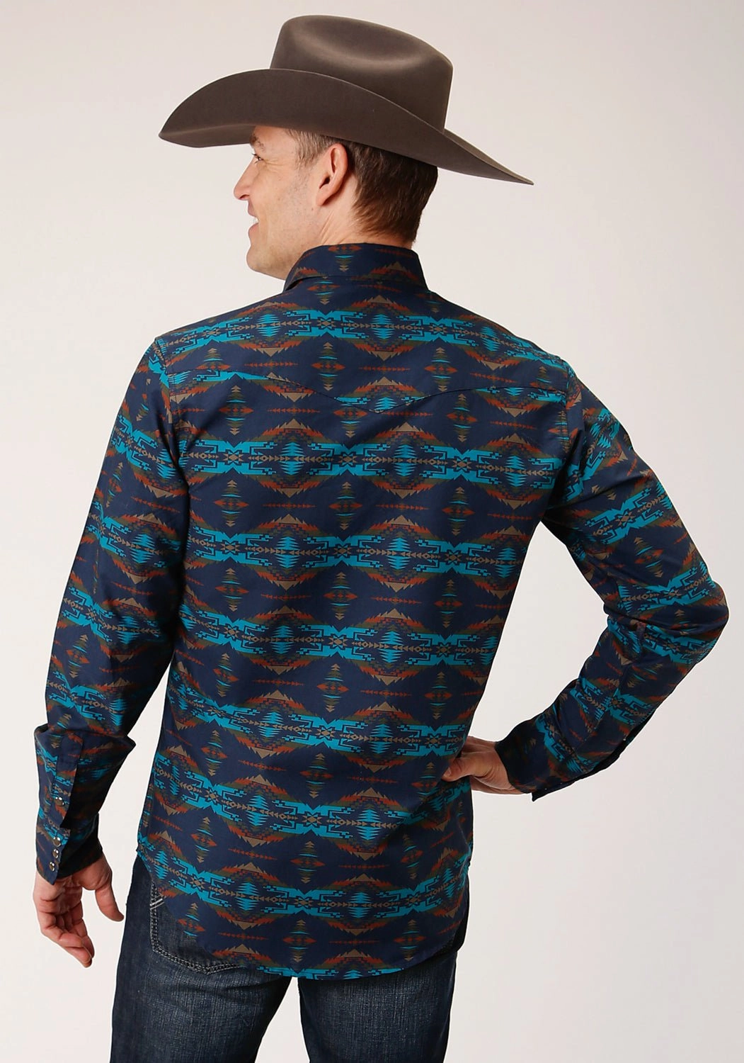 Pure Cotton Subtle design Roper Mens Turquoise 100% Cotton Blanket Horizontal L/S Snap Shirt