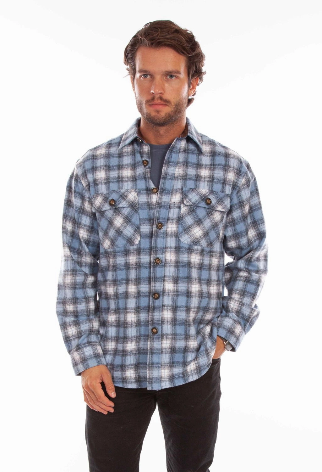 Scully Mens Slate Blue/Black Wool Blend Plaid L/S Shirt Local Favorite Quick Release Cuffs