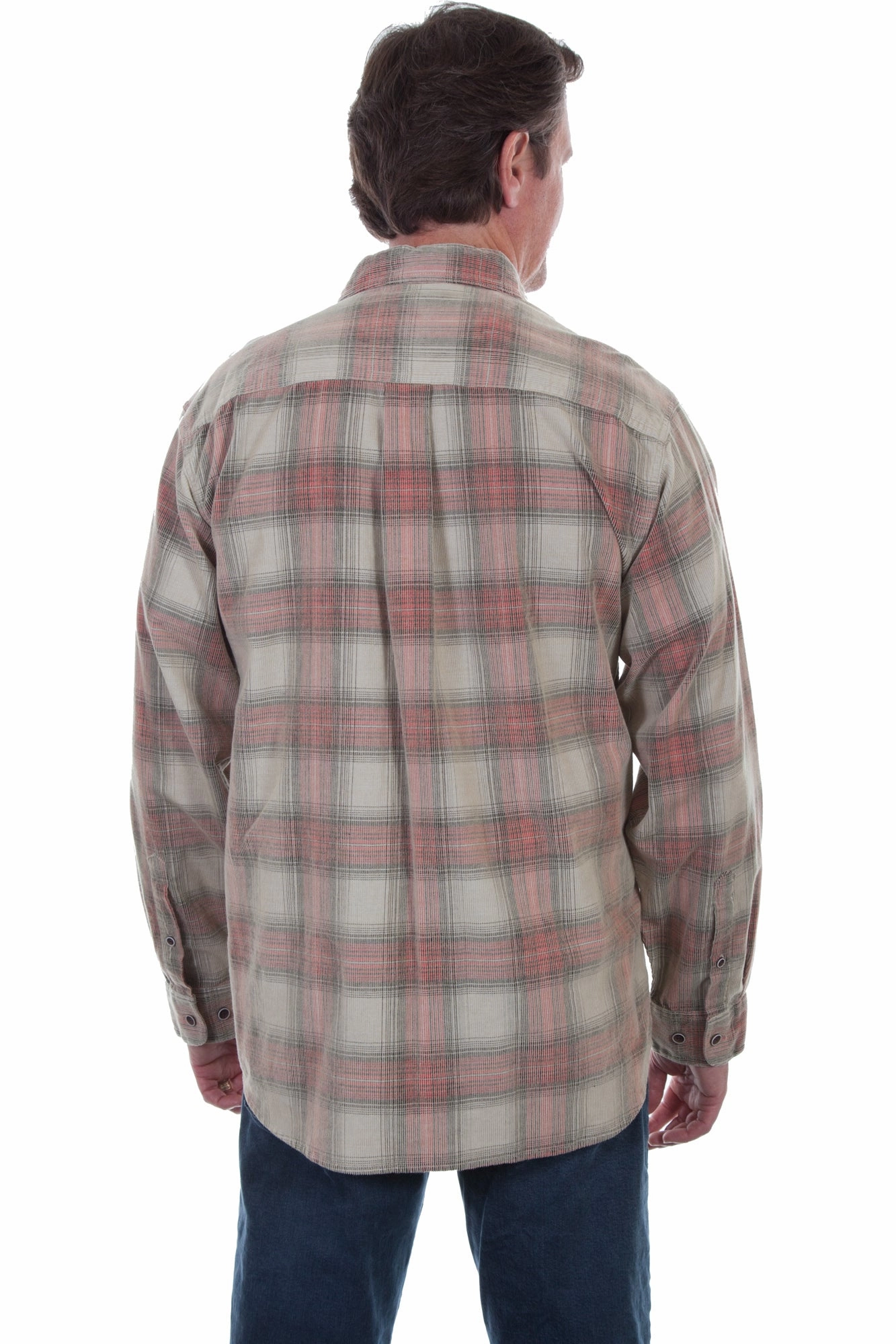 Scully Mens Stone/Red 100% Cotton Cord Plaid L/S Shirt Compact Packing Pure Cotton