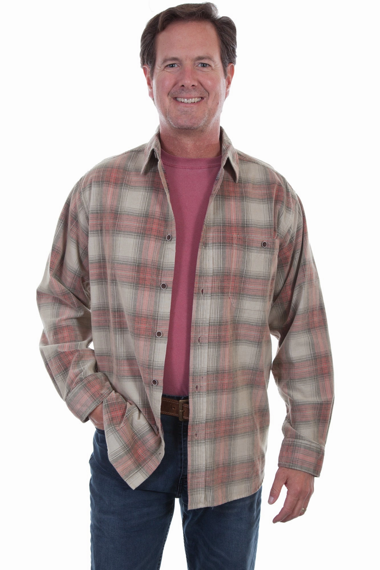 Scully Mens Stone/Red 100% Cotton Cord Plaid L/S Shirt Warm Insulation Versatile Layering