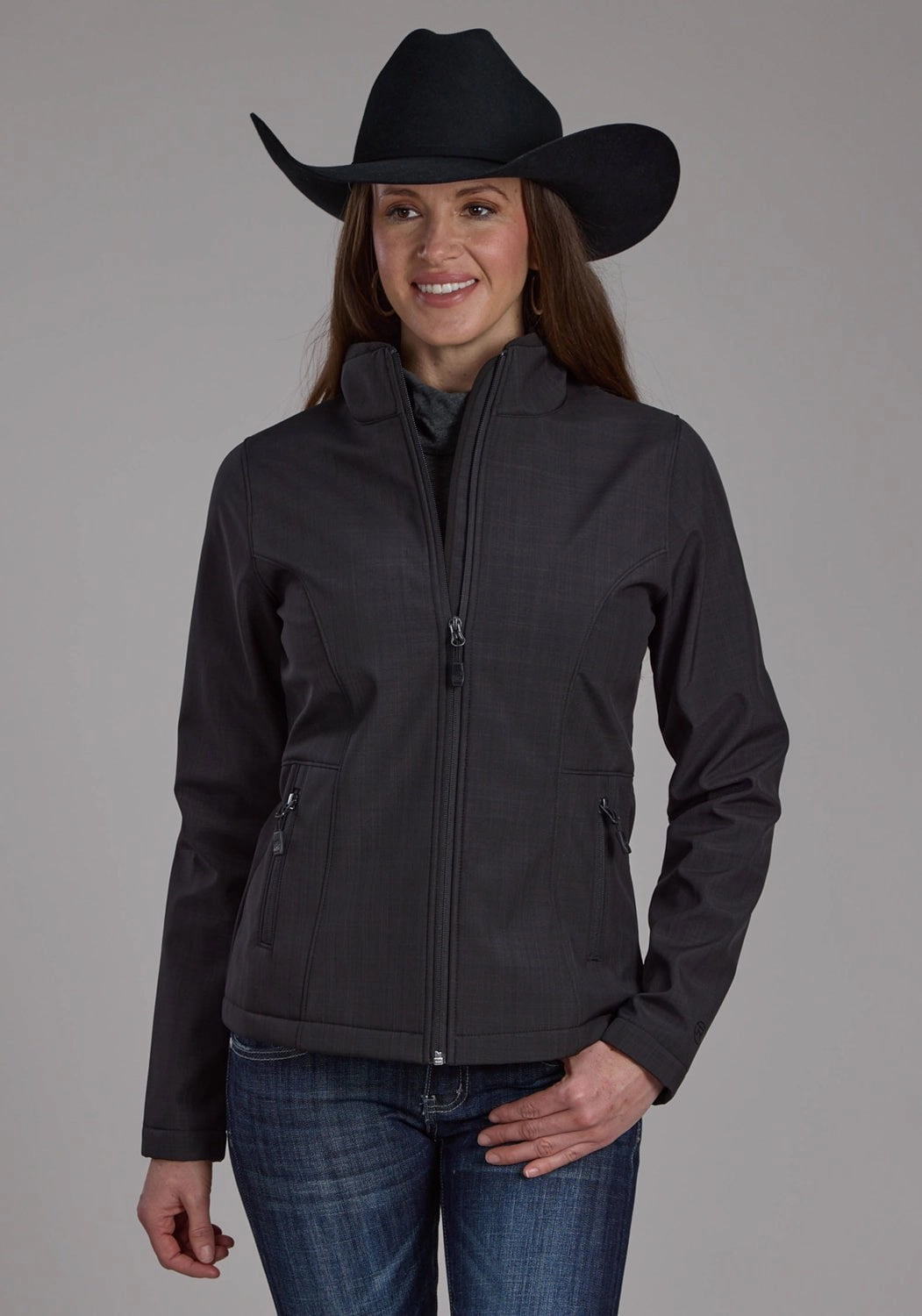 Weekend Style Stowable Hood Roper Womens Bonded Fleece Heather Charcoal Poly/Spandex Softshell Jacket