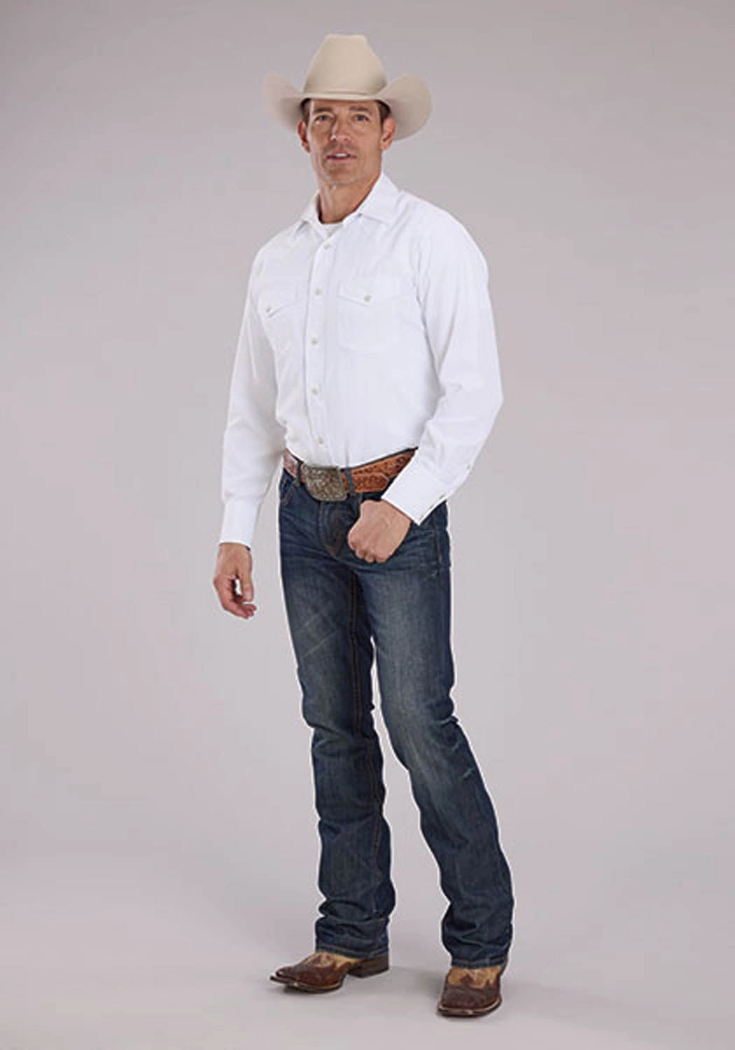 Tall Option Workwear Style Roper Mens Aztec Tone on Tone White Cotton Blend L/S Shirt