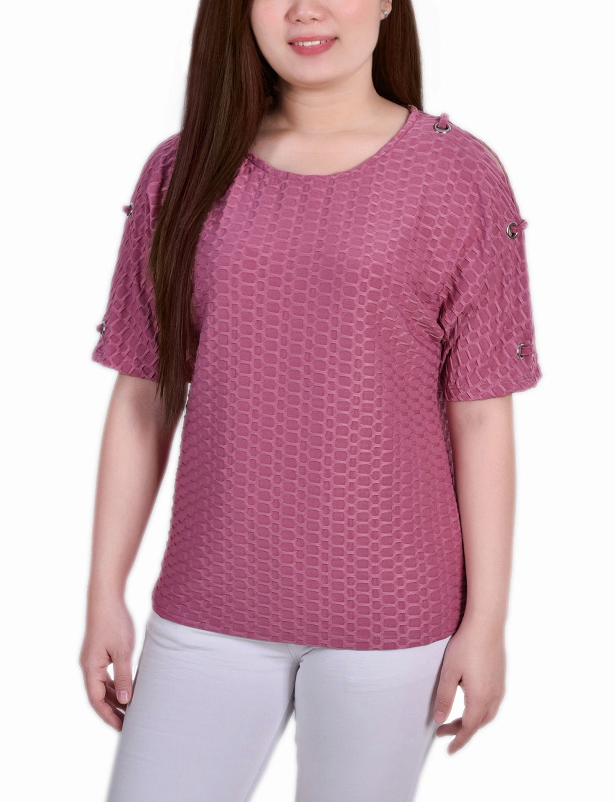 Shape Retention Fabric Reflective Trim Details Short Sleeve Honeycomb Textured Grommet Top