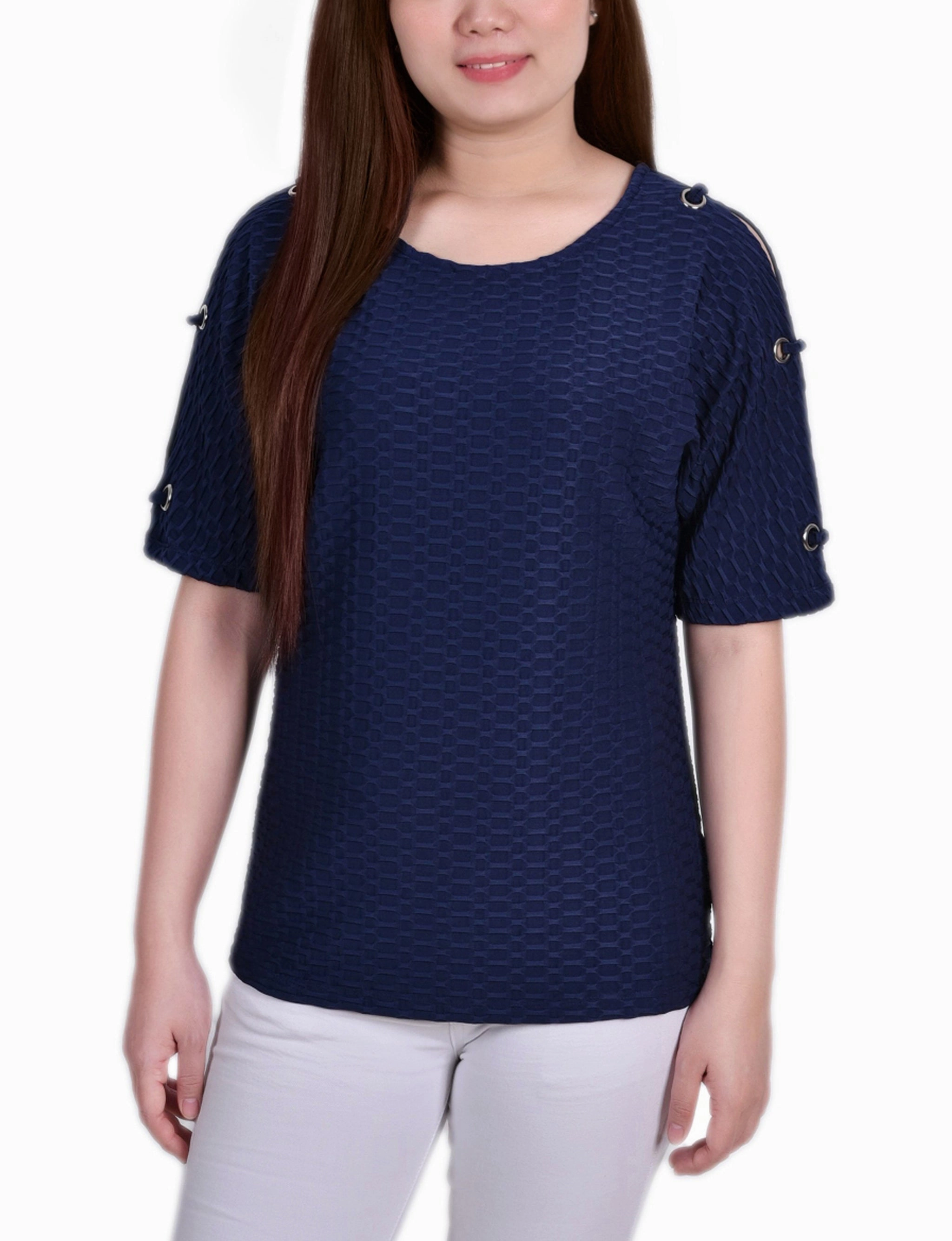 BondedSeamTechnology Two Tone Texture Effect Short Sleeve Honeycomb Textured Grommet Top
