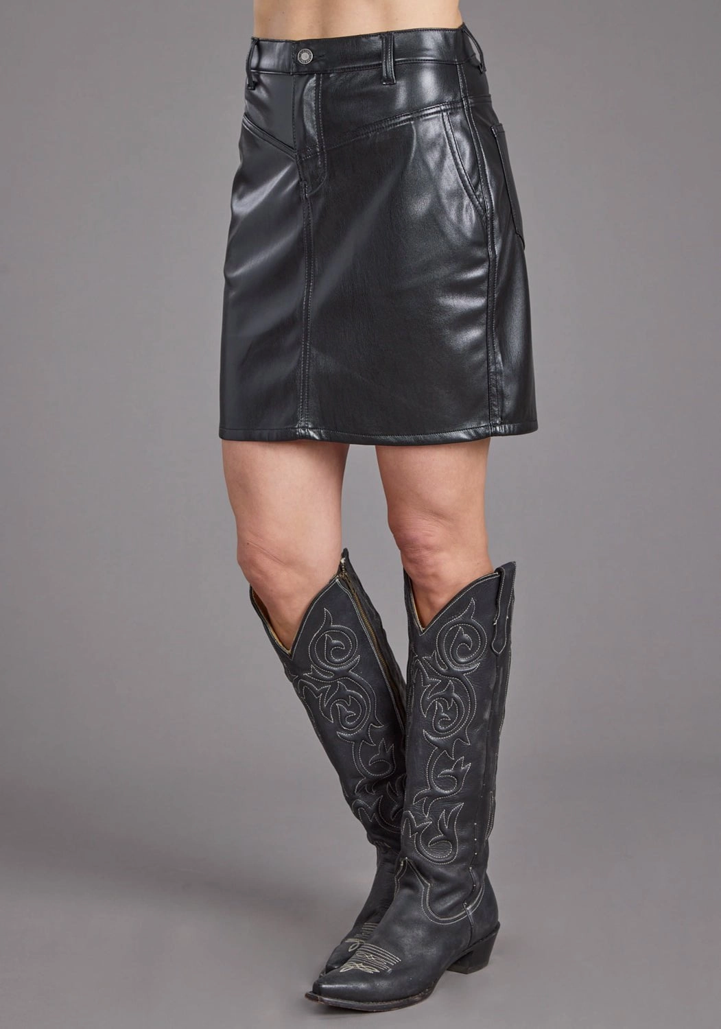 Fold Over Detail Print Mix Stetson Womens Front Back Yokes Black Faux Leather Skirt