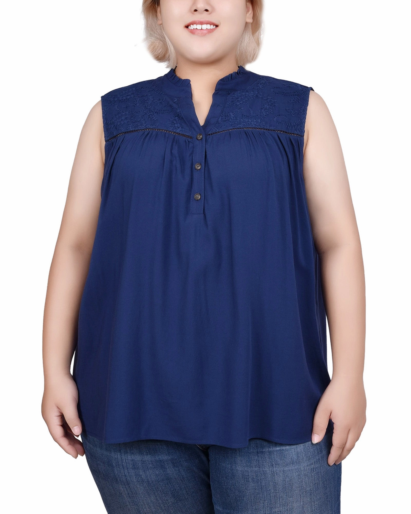 DoubleNeedle Stitching Plus Size Sleeveless Yoked Blouse