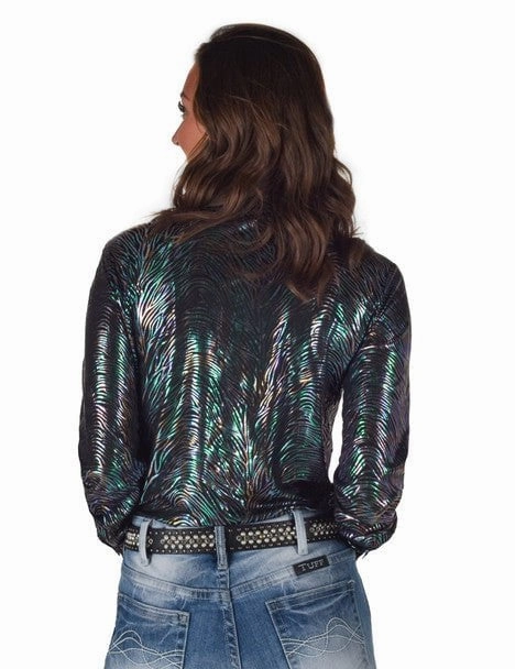 Cowgirl Tuff Womens Foil Lightweight Zebra Polyester L/S Shirt high-low hem Trendy Outfit