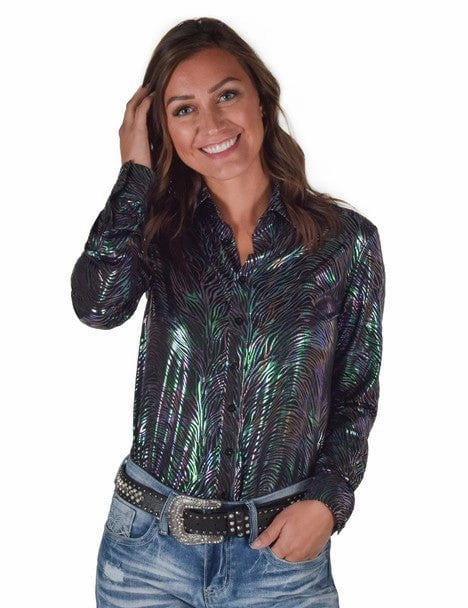Cowgirl Tuff Womens Foil Lightweight Zebra Polyester L/S Shirt Double Needle Hemming