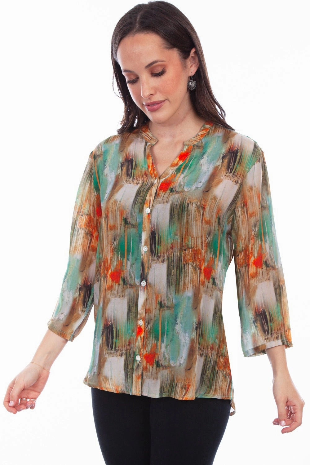 fade resistant color Everyday Outfit Scully Womens Turquoise Rayon Watercolor S/S Blouse