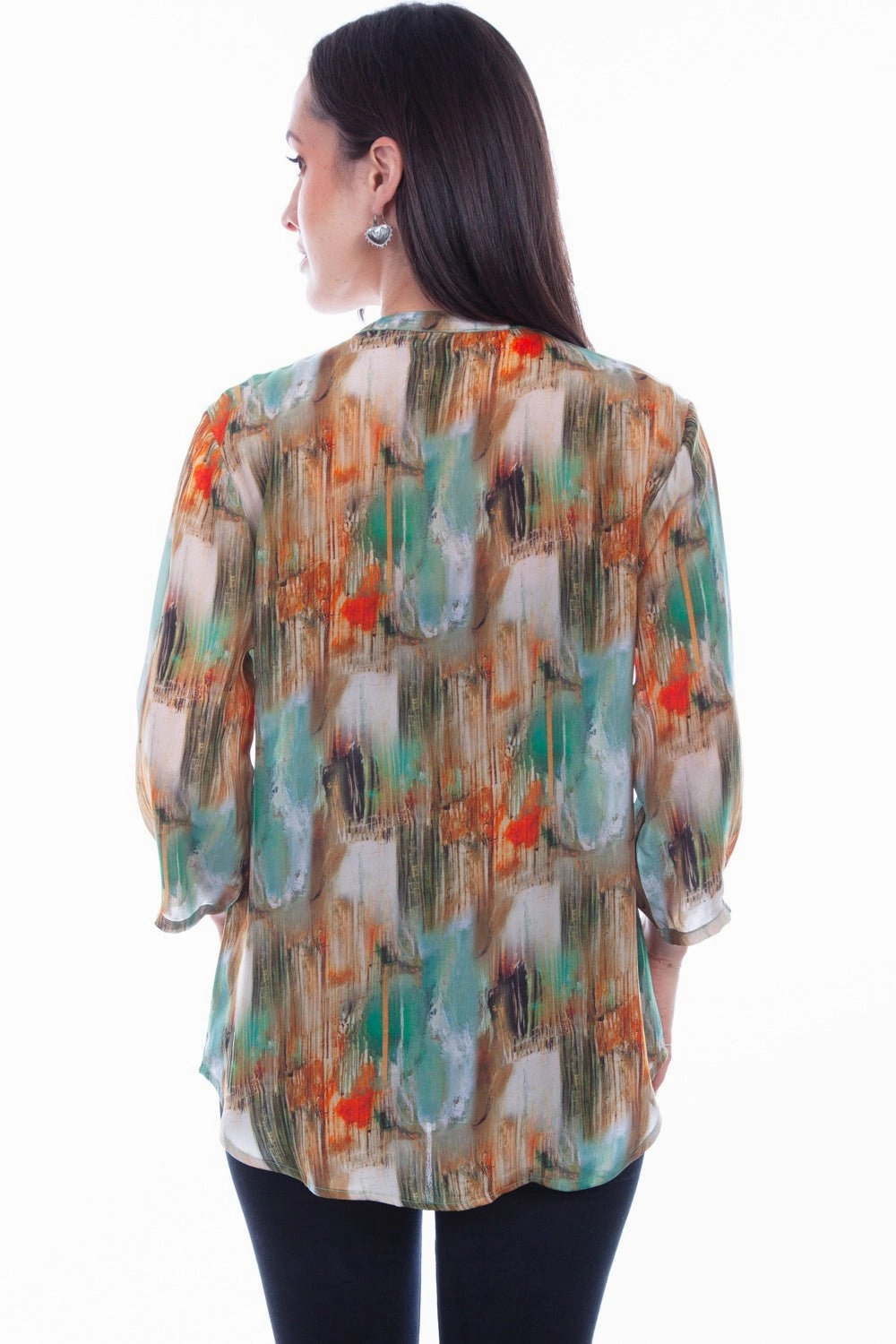 Scully Womens Turquoise Rayon Watercolor S/S Blouse Handcrafted Detail