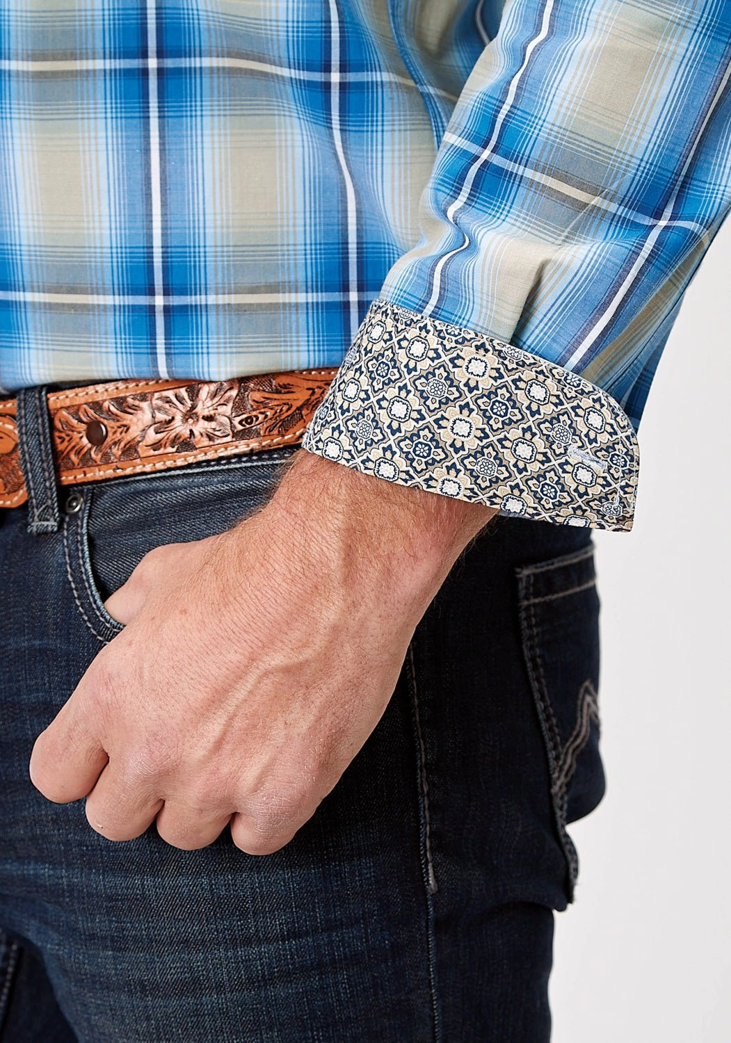 Statement Maker Petite Option Roper Mens 1942 Chicory Ombre Blue 100% Cotton 1 Pkt L/S Shirt