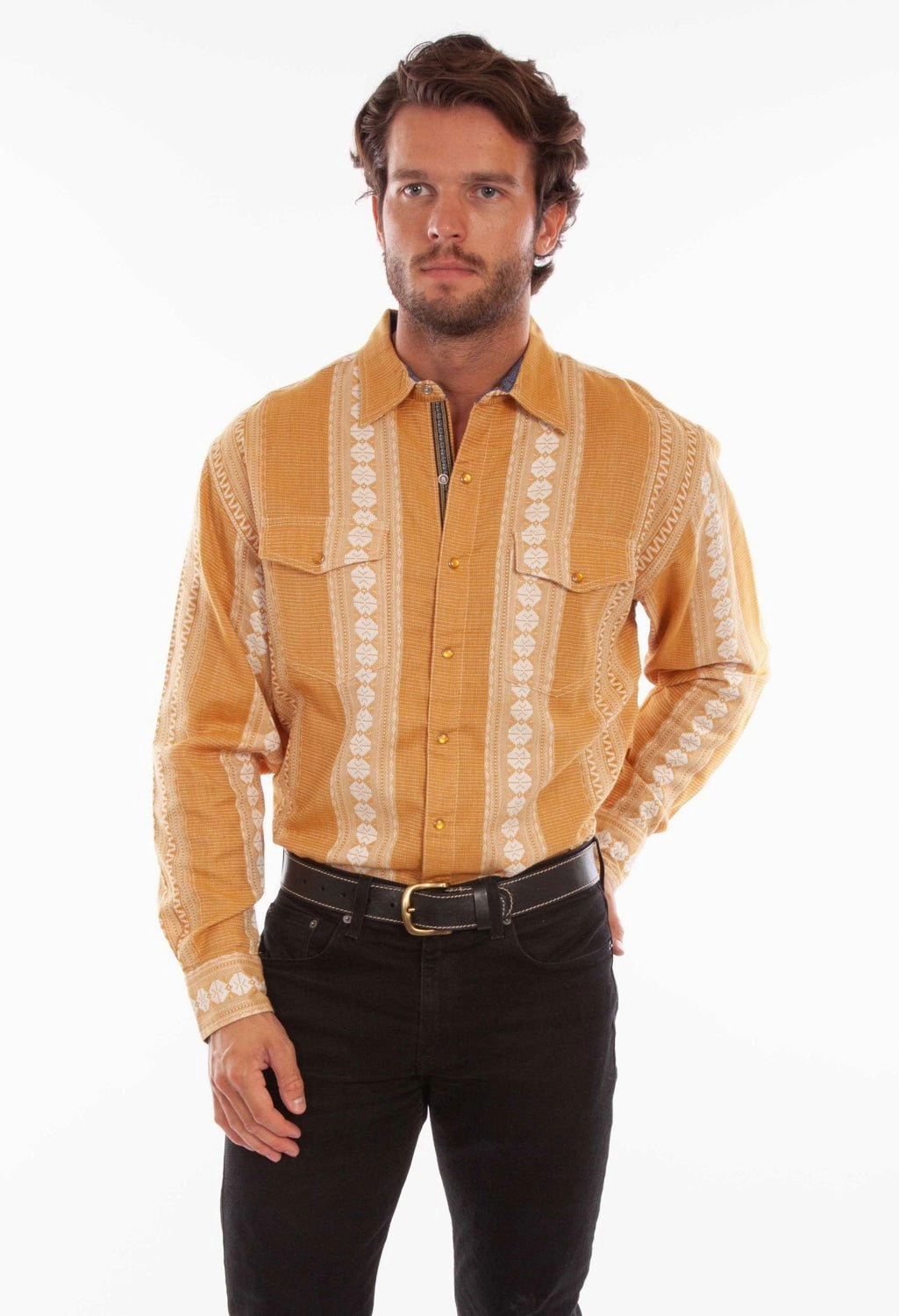 Layered Sleeve Cuffs Twill Weave Scully Mens Signature Jacquard Mustard 100% Cotton L/S Shirt L