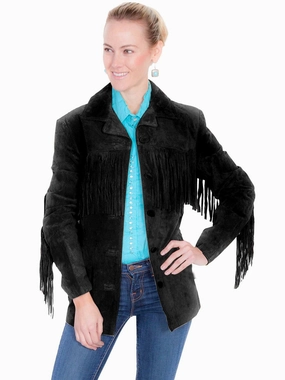 Scully Womens Notched Lapel Fringe Black Leather Leather Jacket Travel Functional Wear