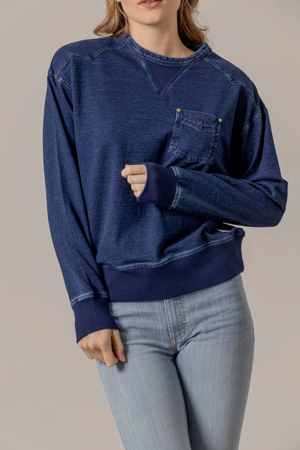 Kimes Ranch Womens Gina Indigo Blue Cotton Blend Sweatshirt Breathable fabric Tagless Neck Finish