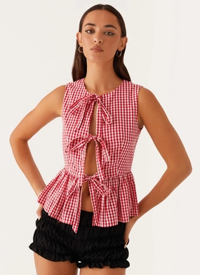 Cyrene Tie Top - Red Gingham Versatile Design FlexibleWaistband