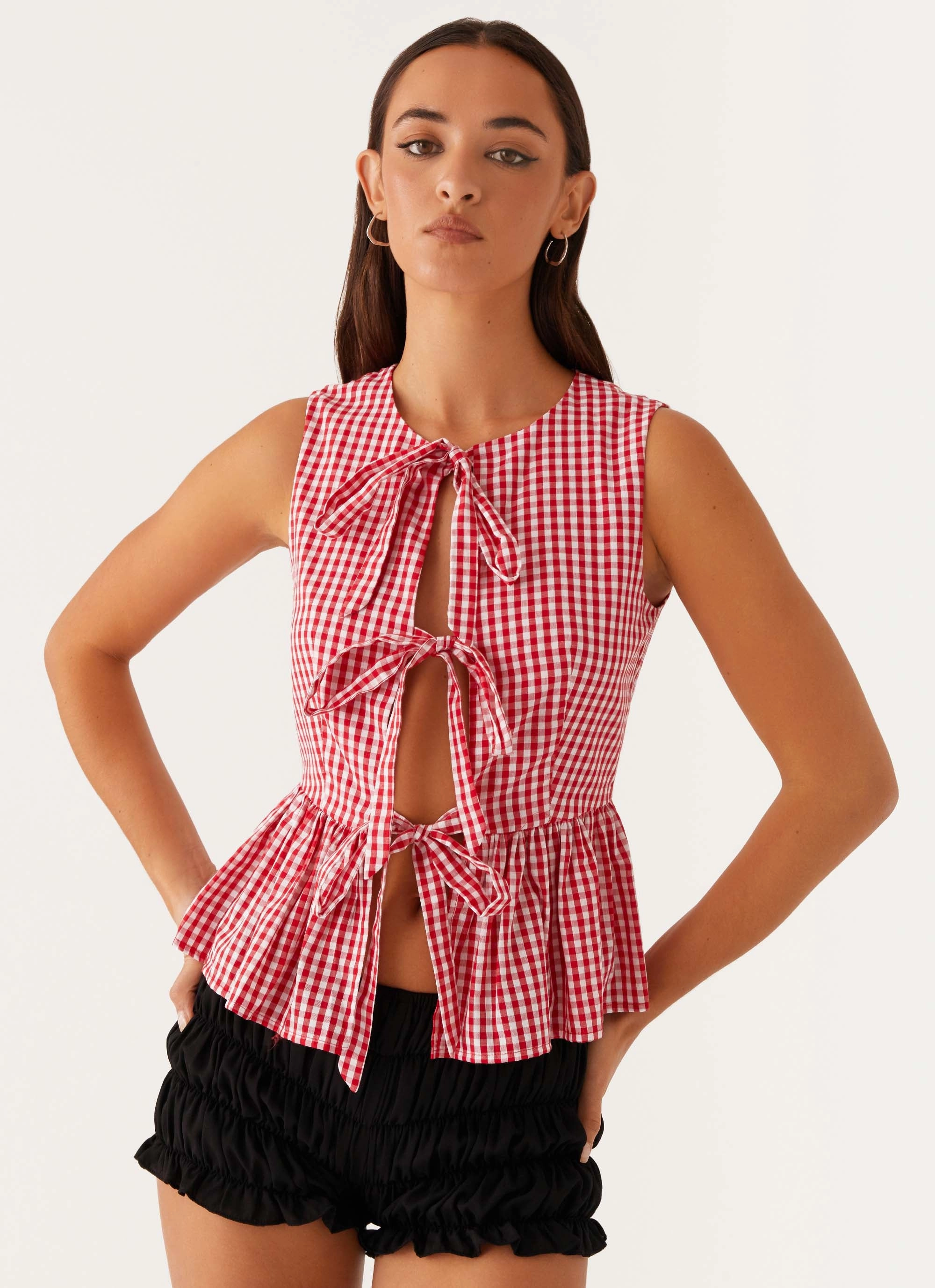 Cyrene Tie Top - Red Gingham Versatile Design FlexibleWaistband