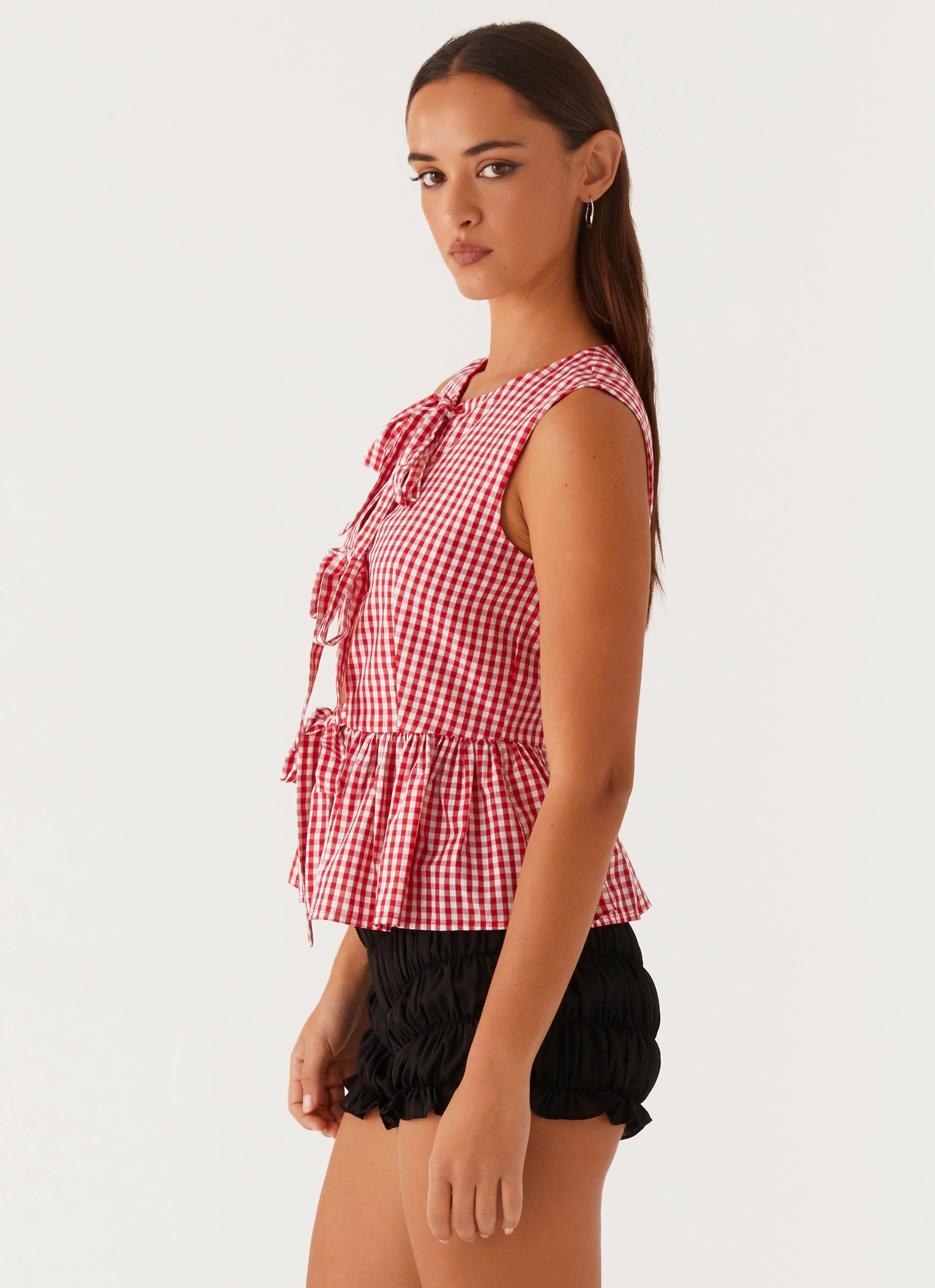 Cyrene Tie Top - Red Gingham ThermalRegulating Fabric Low Profile Stitching