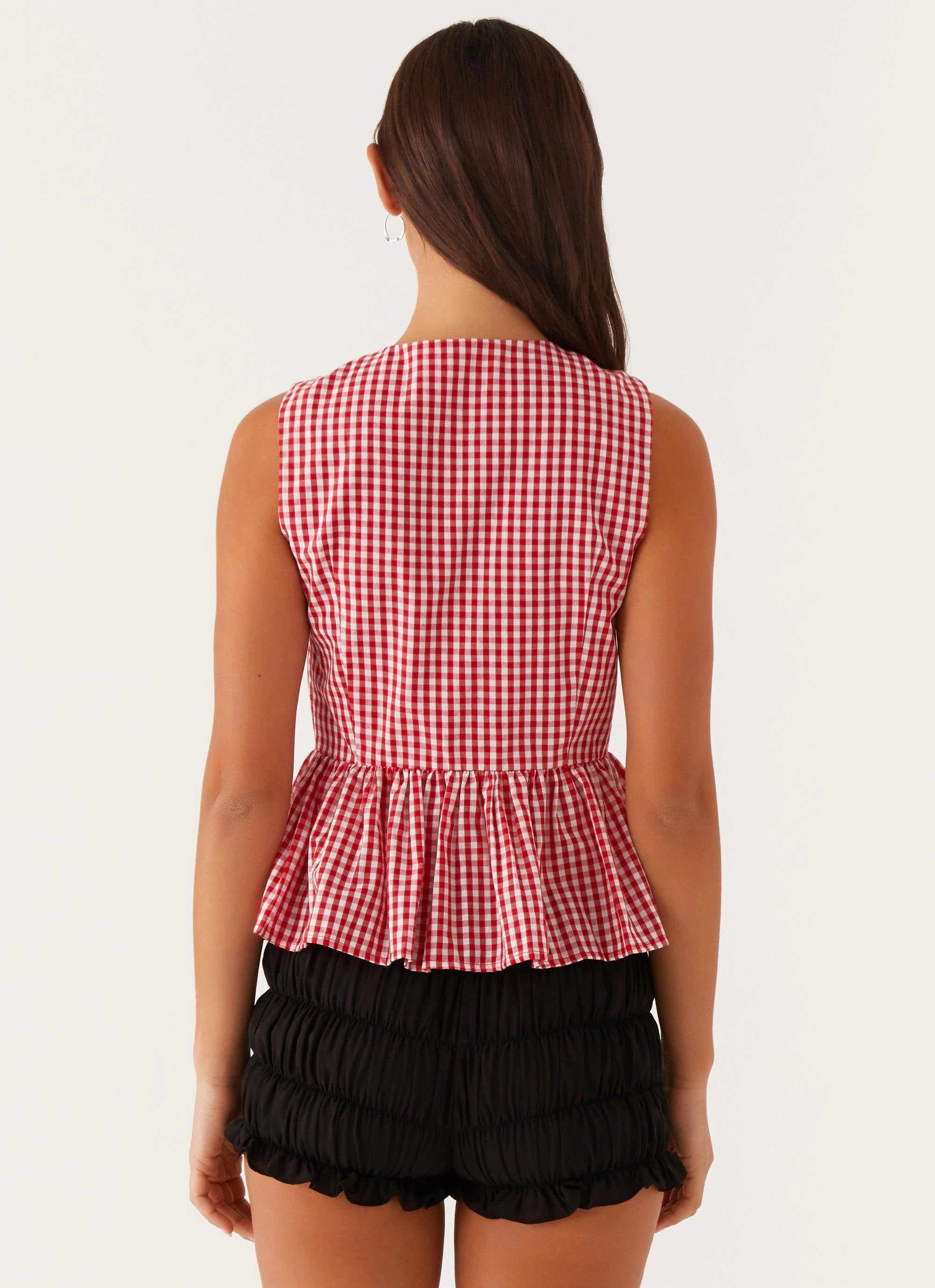 Fun Design BuiltInLayer Cyrene Tie Top - Red Gingham