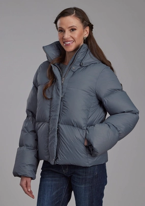 Roper Womens Puffer Down Coat Silver Blue 100% Nylon Softshell Jacket Eco Certified Textile