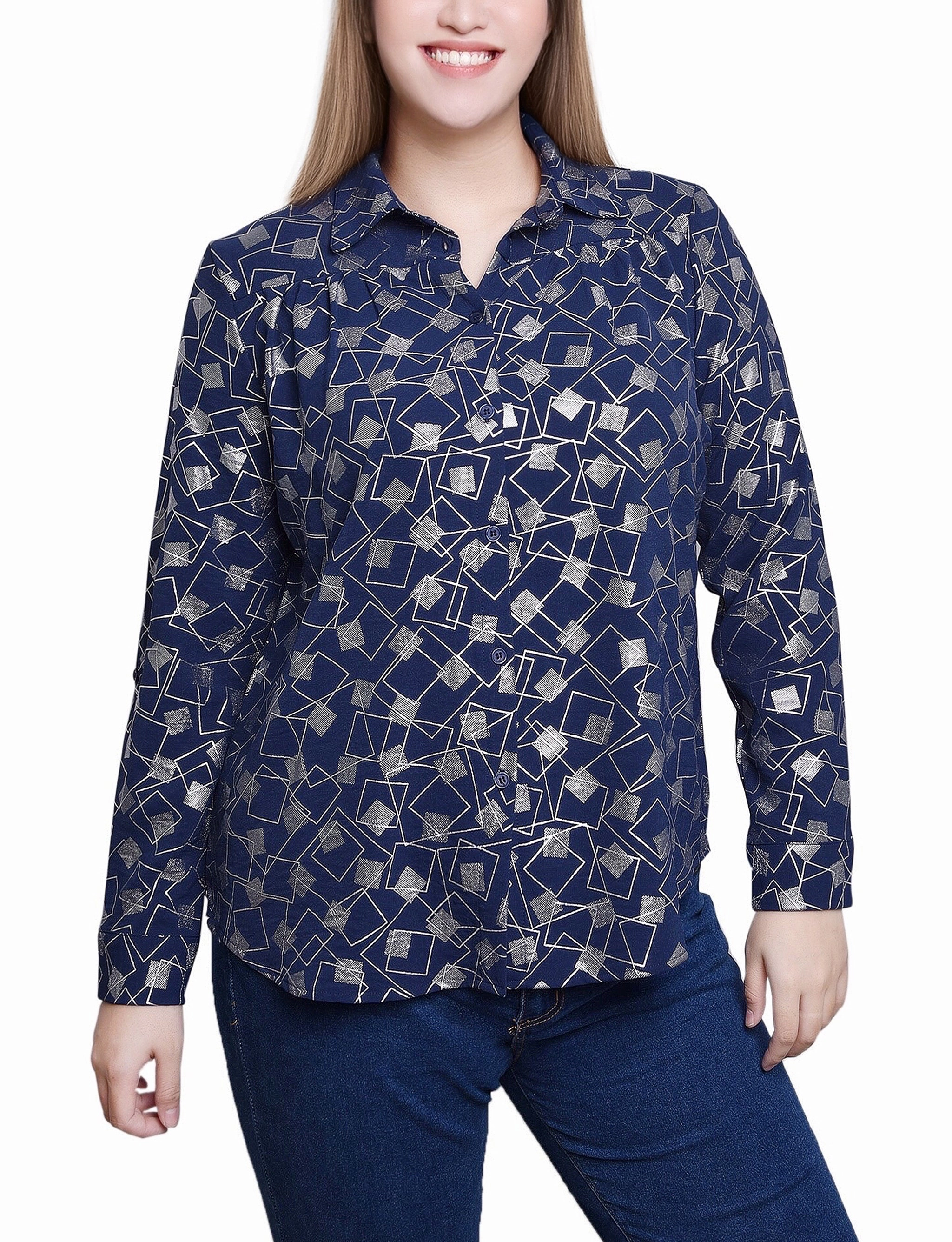 3/4 Sleeve Roll Tab Foil Print Blouse Easy to Wear