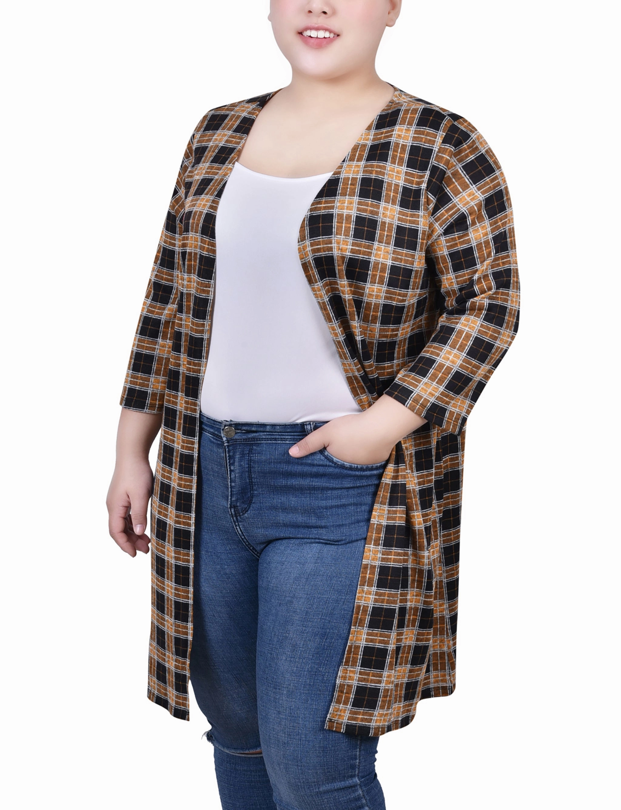 Plus Size 3/4 Sleeve Knit Cardigan Winter Layer Four Way Stretch Fabric