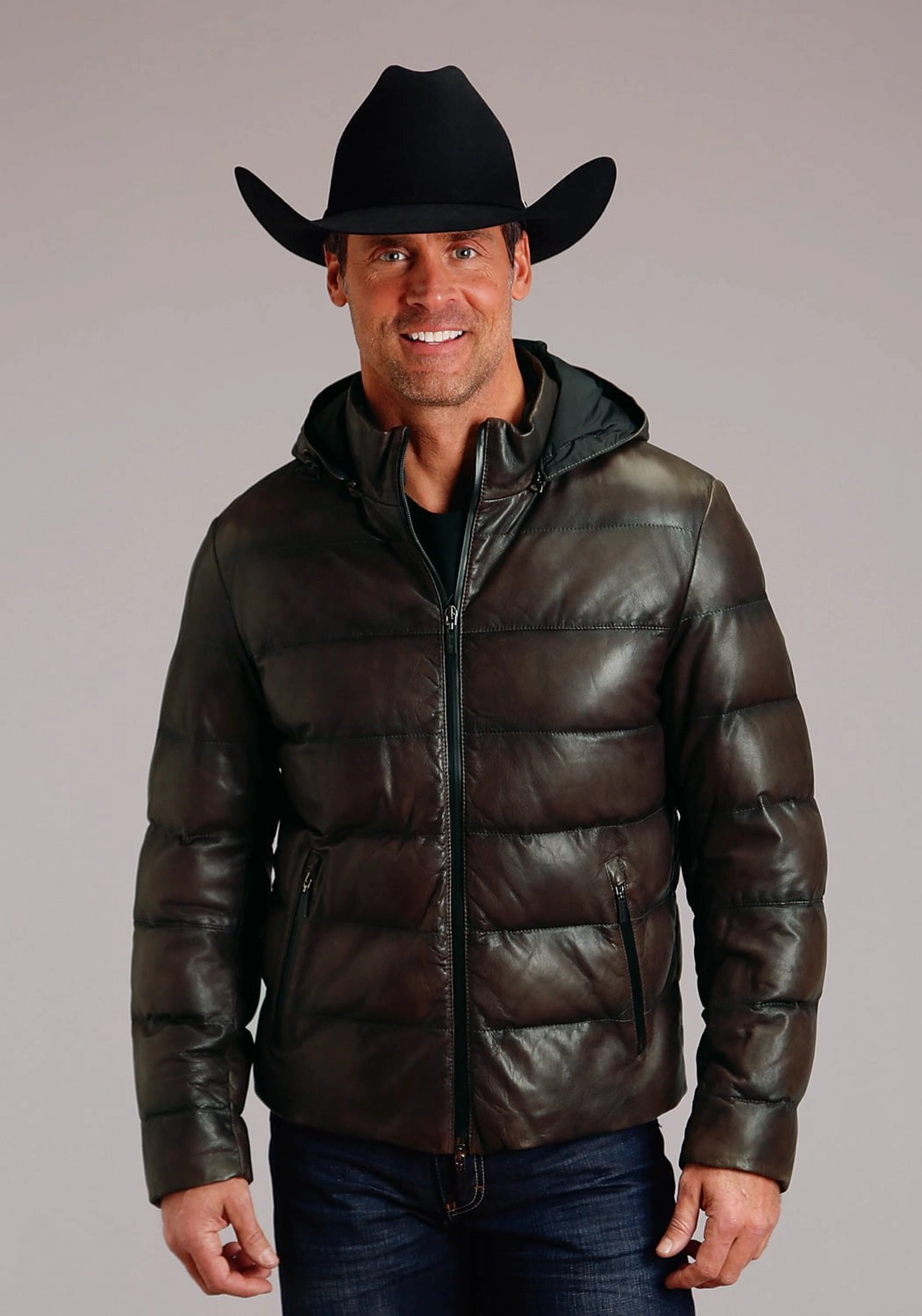 Stetson Mens Quilted Zip Grey Leather Leather Jacket Poly Blend