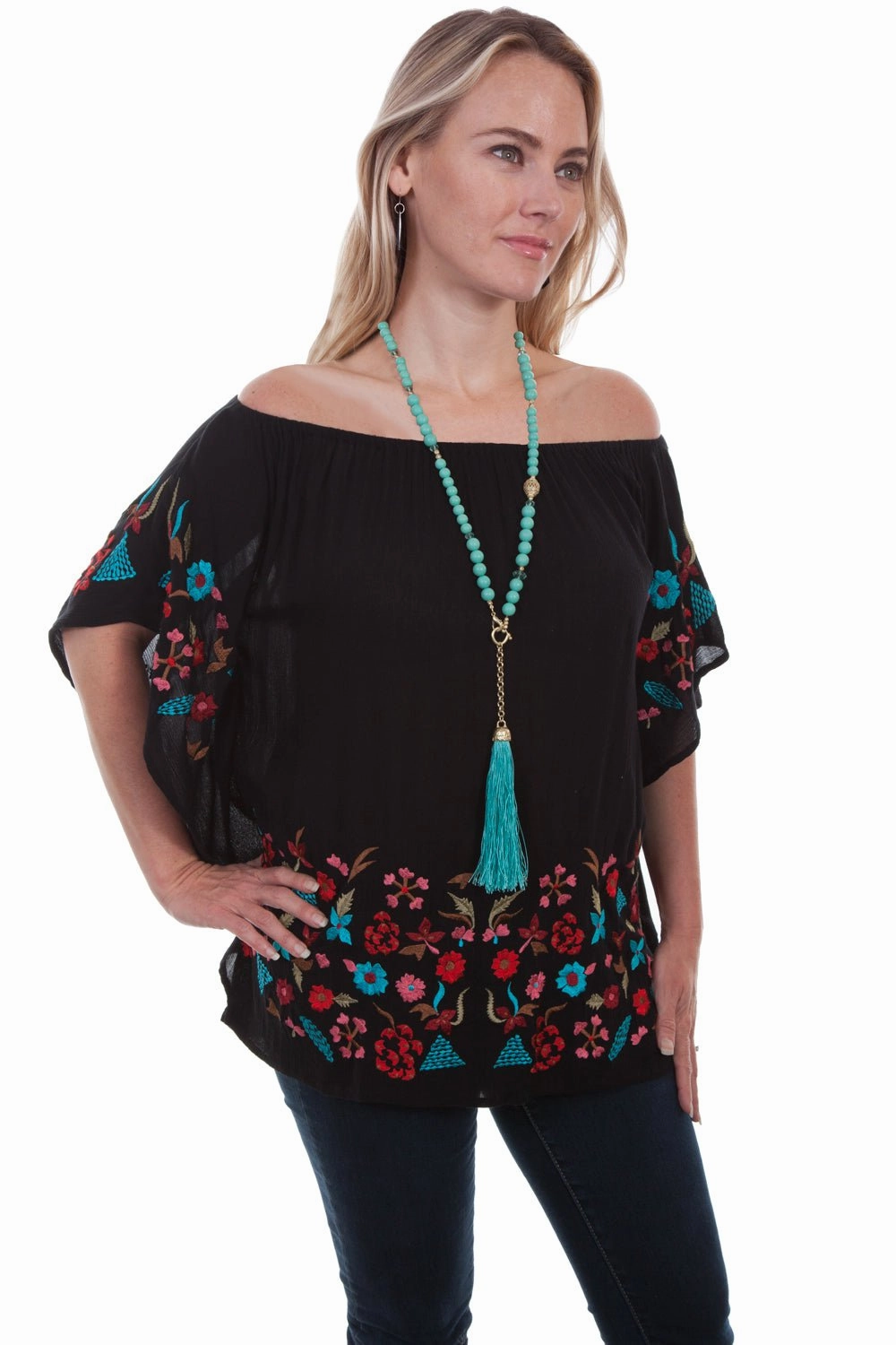 high-low hem Layered Sleeve Cuffs Scully Womens Black 100% Viscose Vibrant Floral S/S Blouse