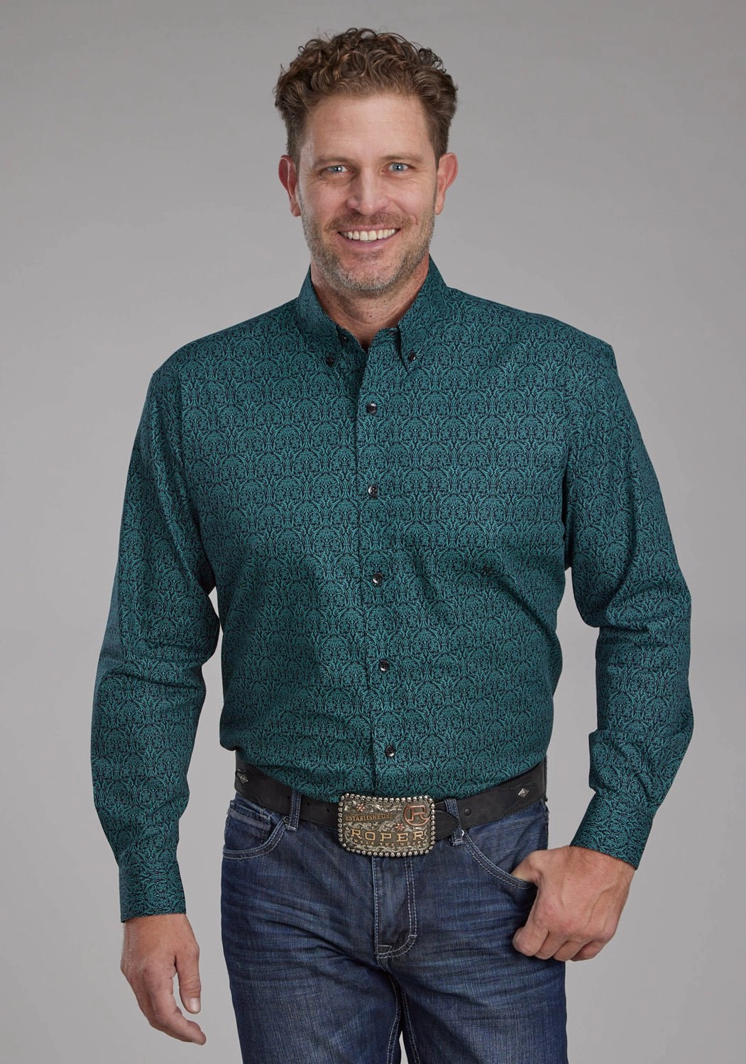 Roper Mens Vintage Paisley Green 100% Cotton 1 Pkt L/S Shirt Sustainable Manufacturing Process UV Protective Fabric