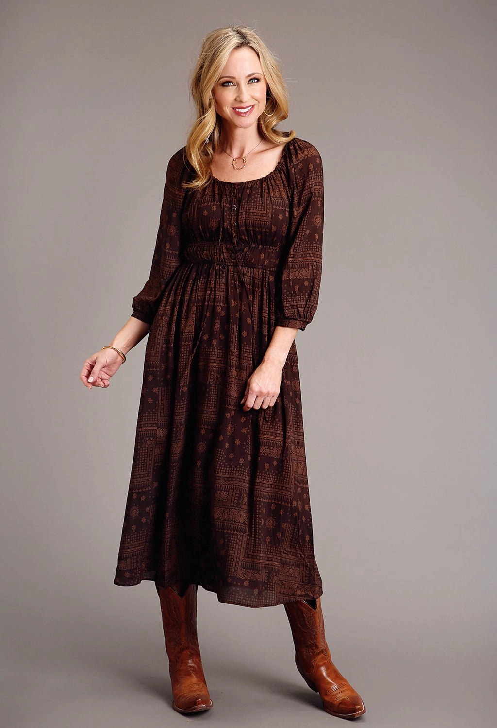 Stetson Womens Patchwork Bandana Brown 100% Rayon L/S Dress Reinforced Stress Points