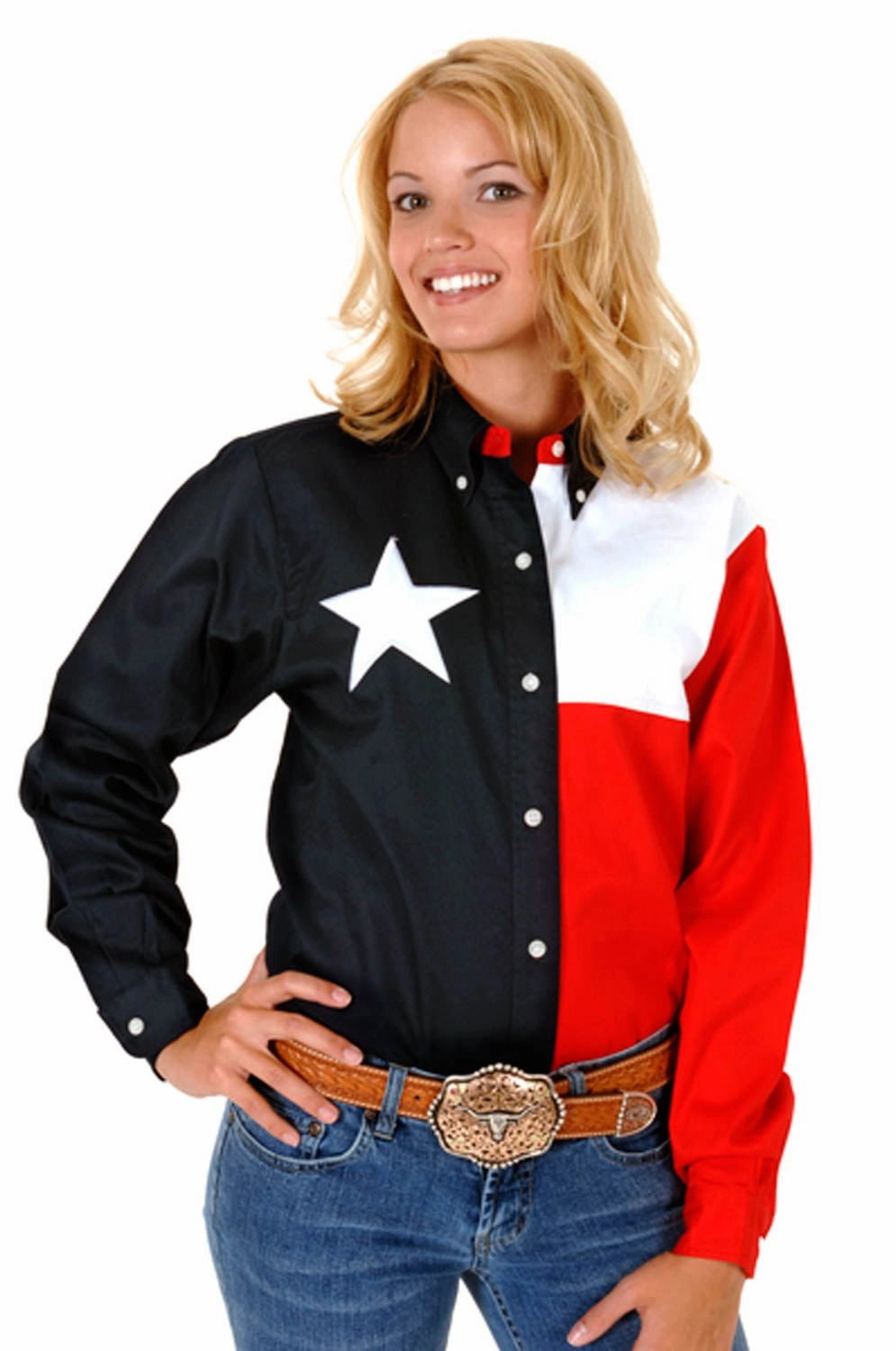 Versatile Layering Durable Stitching Roper Womens Pieced Texas Flag Navy/Red 100% Cotton Btn L/S Shirt