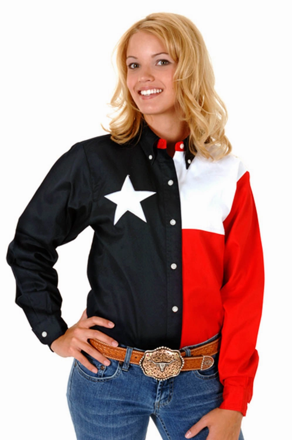 Neutral Toned Stitching Quick Dry Construction Roper Womens Pieced Texas Flag Navy/Red 100% Cotton Btn L/S Shirt