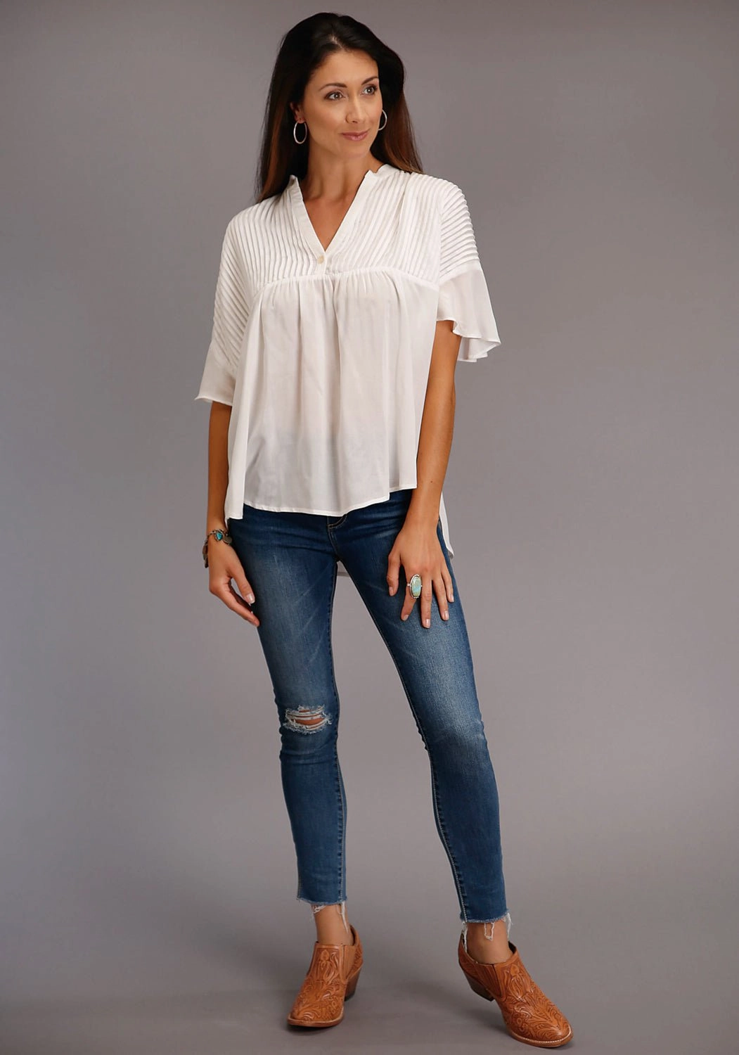 Comfortable Wear Streamlined Design Stetson Womens Cream Rayon/Nylon V-Placket S/S Blouse