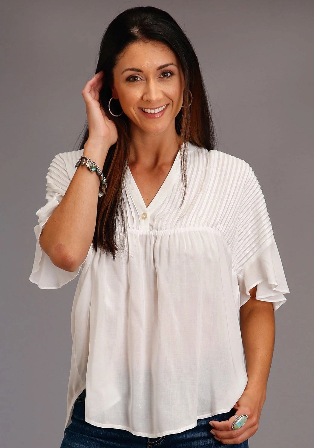 Stetson Womens Cream Rayon/Nylon V-Placket S/S Blouse Chic Ensemble Morning Comfort